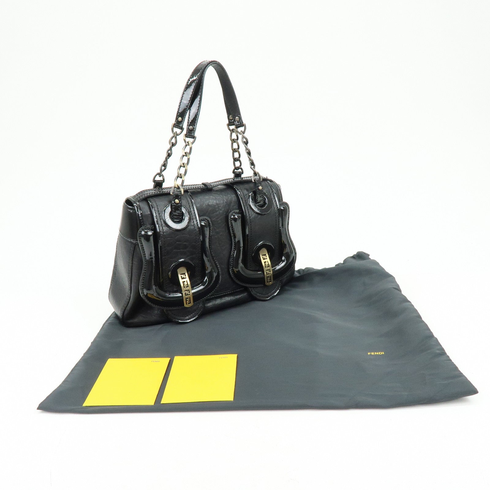 FENDI Patent Leather Chain Shoulder Bag Hand Bag Black 8BN165