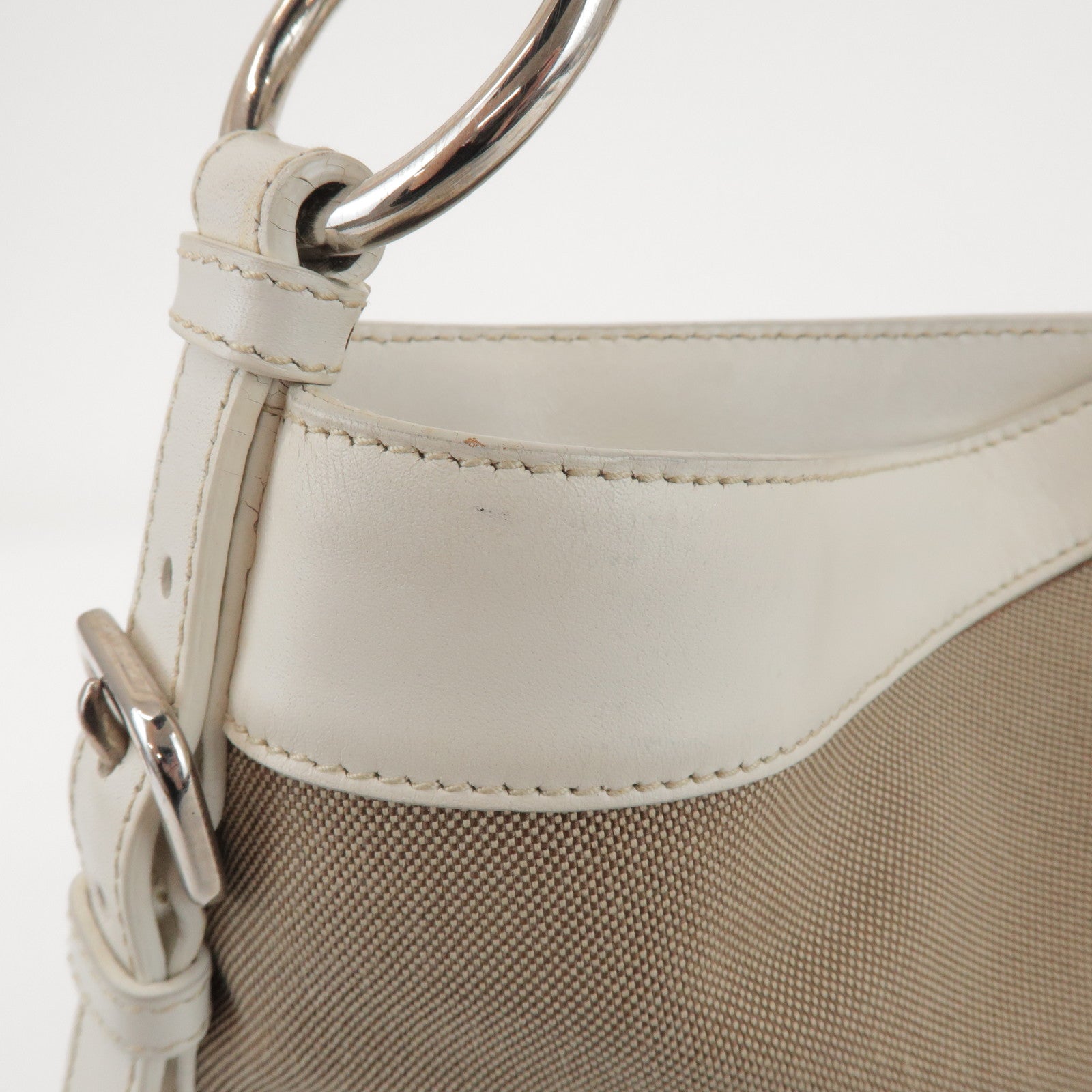 PRADA Jacquard Canvas Leather Shoulder Bag Hand Bag Beige Ivory