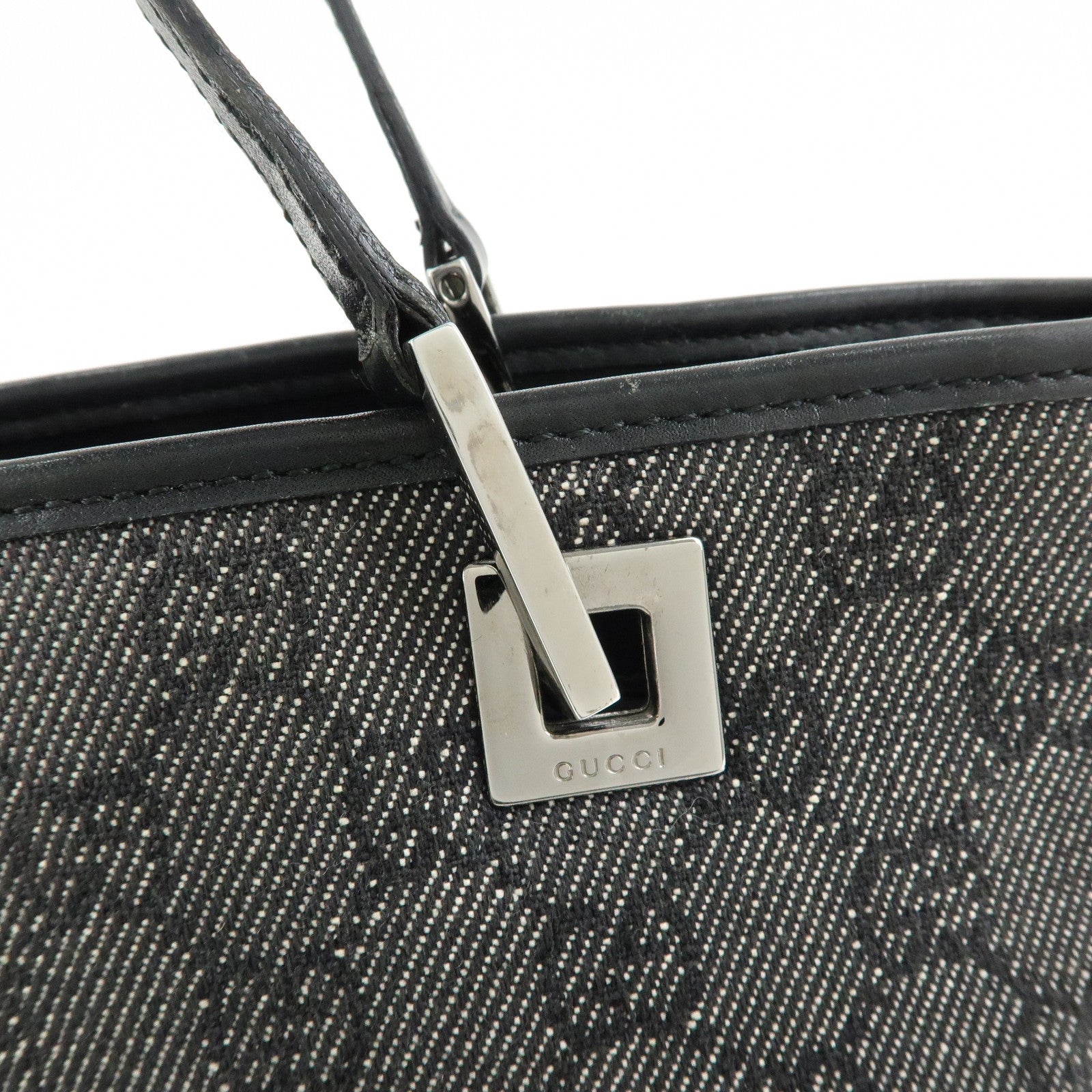 GUCCI GG Denim Leather Tote Bag Shoulder Bag Black 31244
