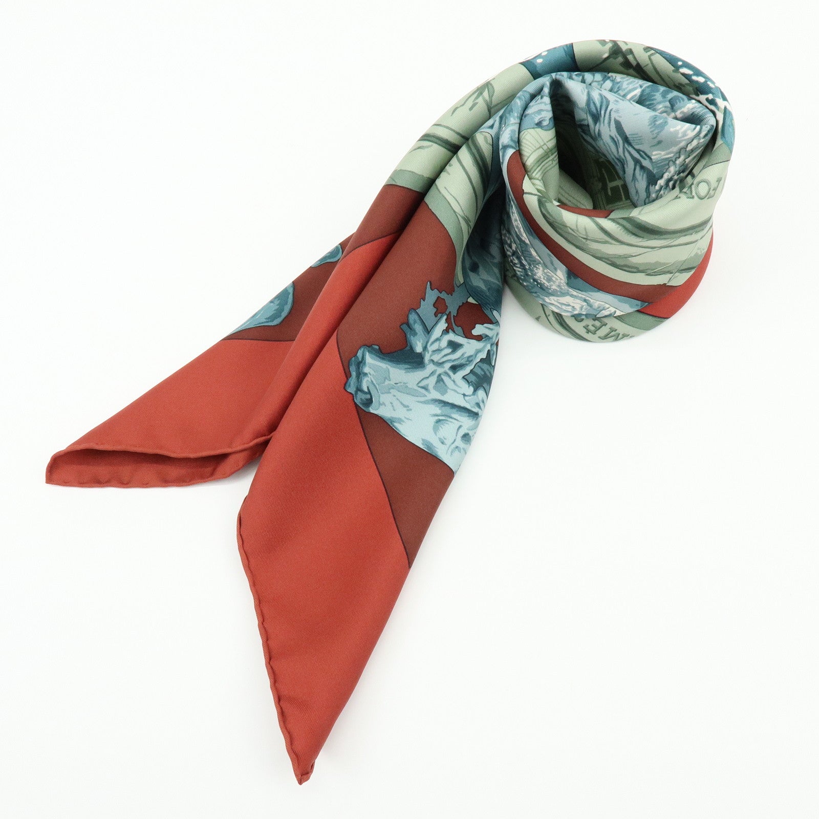 HERMES Carre 90 Silk 100% Scarf LA FONTAINE DE BARTHOLDI Gray Red