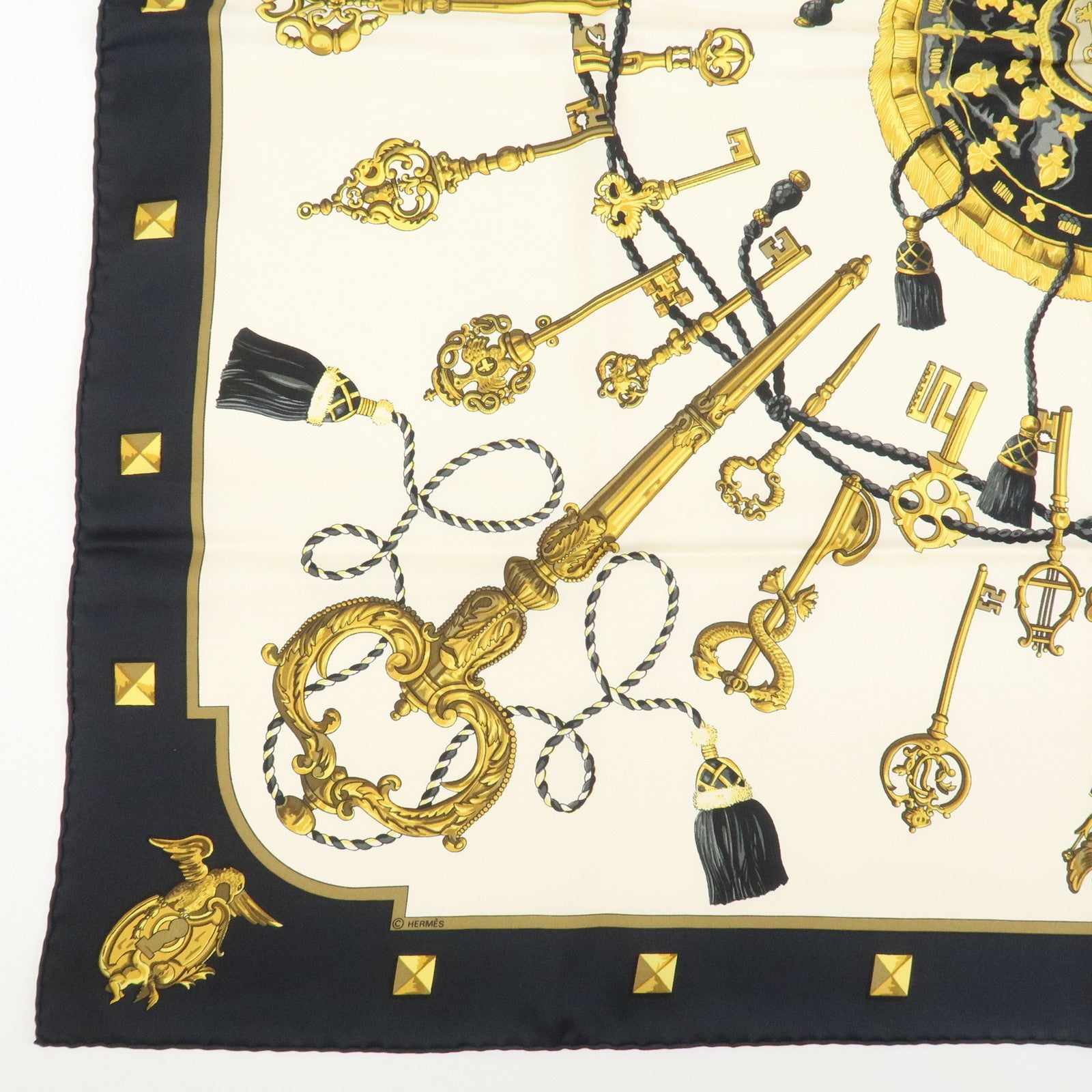 HERMES Carre 90 Silk 100% Scarf LES CLES THE KEYS RARE Black Ivory
