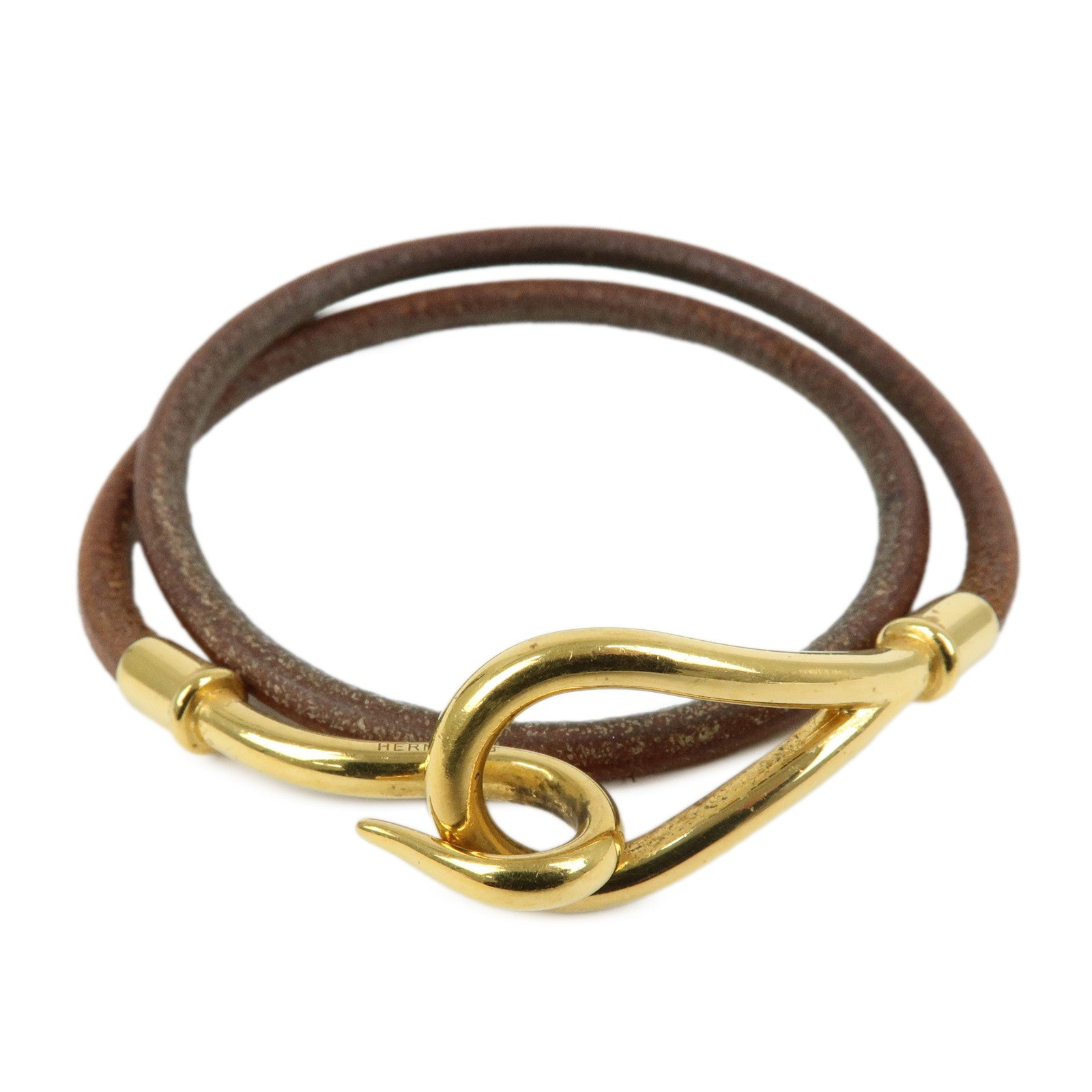 HERMES Jumbo Choker Leather Metal Bracelet Brown Gold
