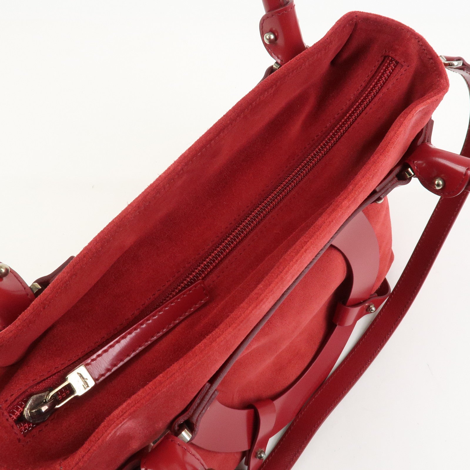 Ferragamo Gancini Suede Leather 2Way Bag Hand Bag Shoulder Bag Red