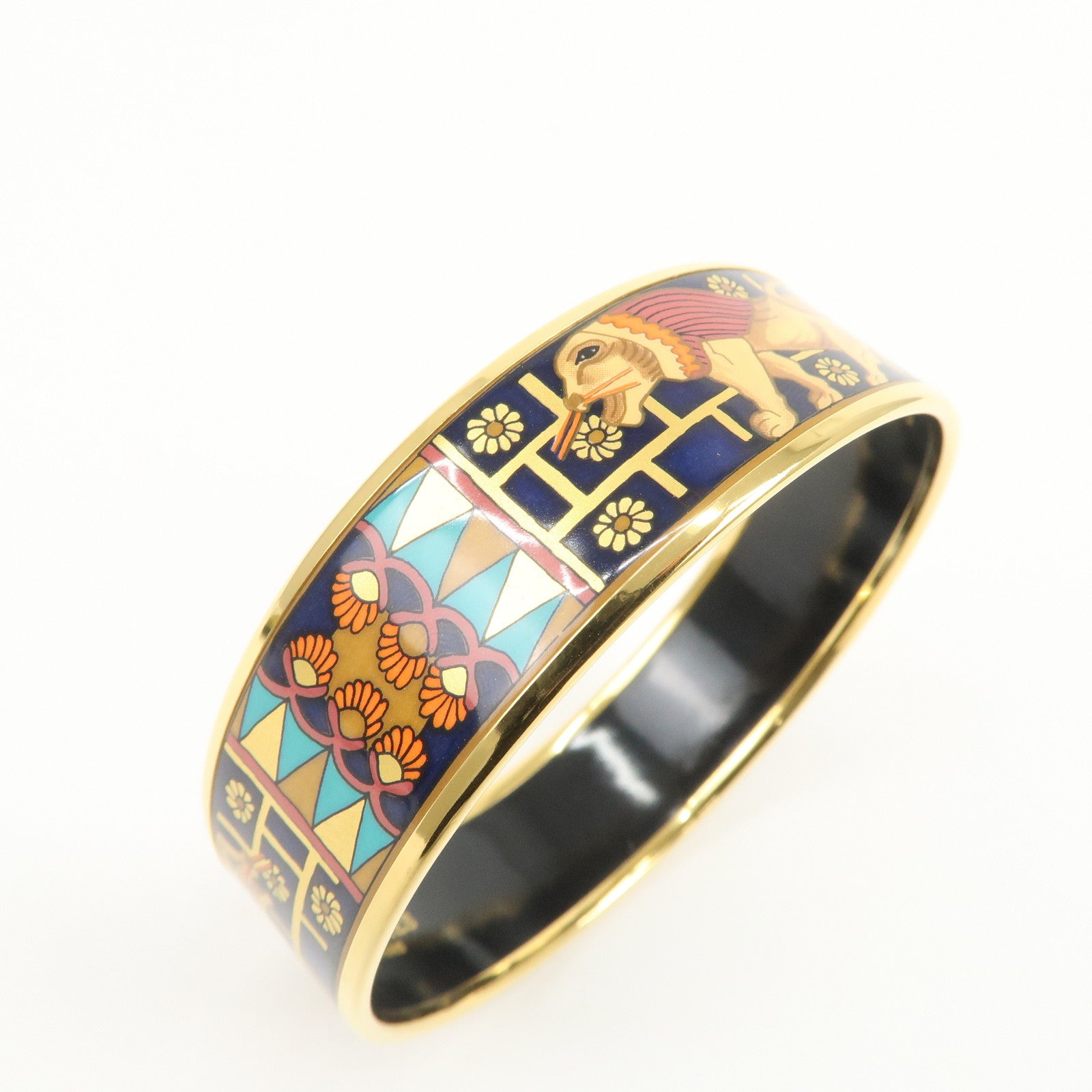 HERMES Email GM Gold Plated Bangle Bracelet Navy Gold