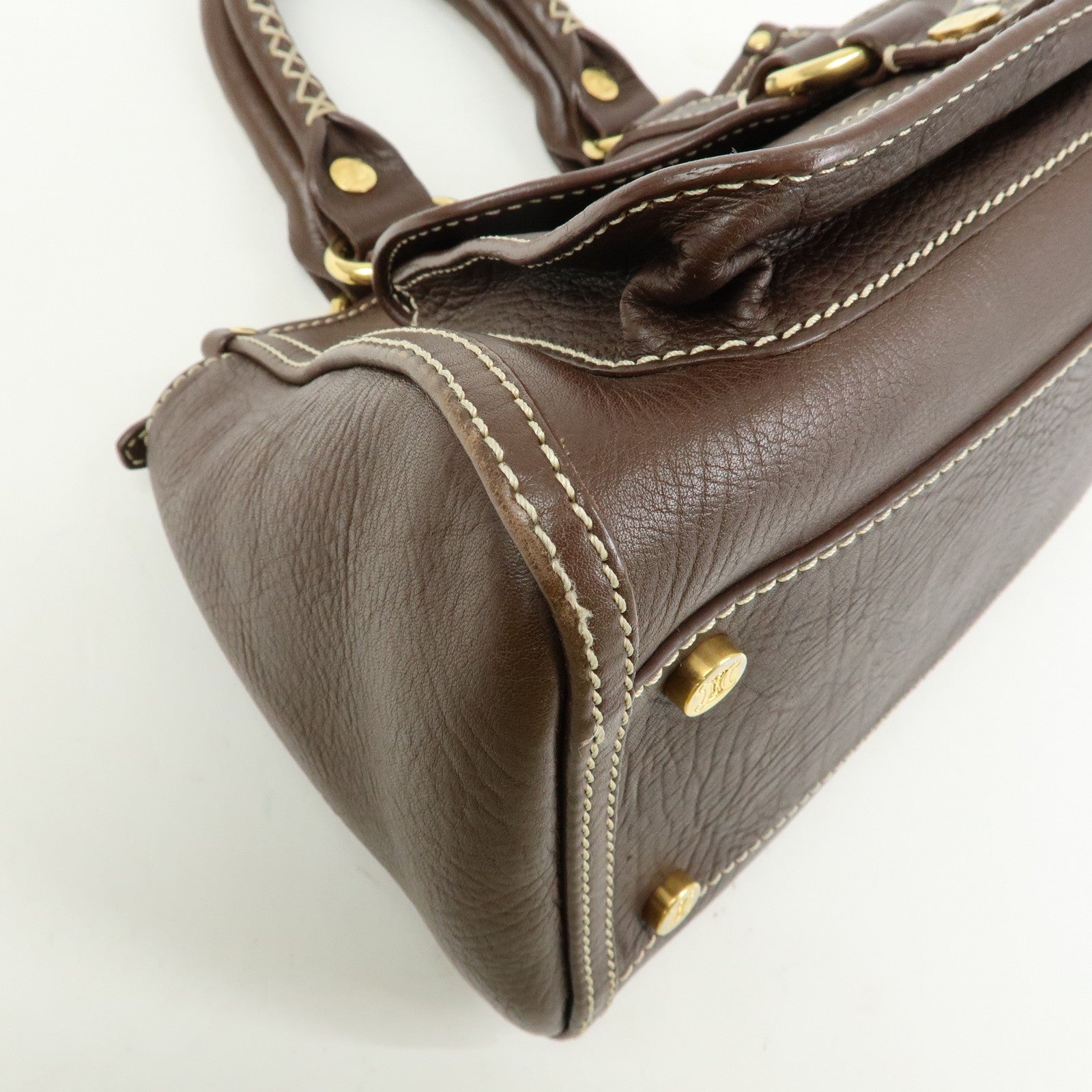 CELINE Logo Leather Hand Bag Mini Boston Bag Dark Brown