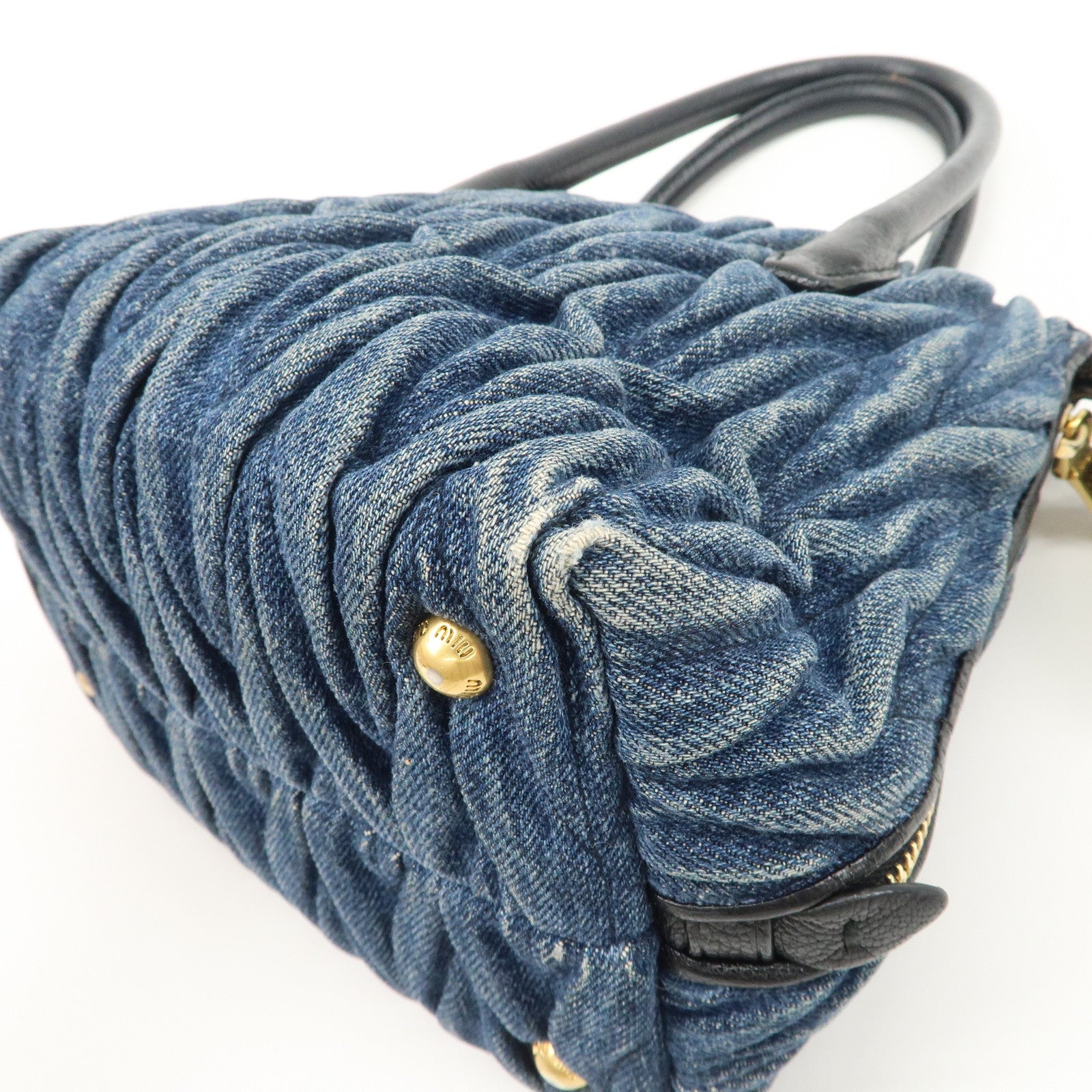 MIUMIU Matelasse Leather Denim 2Way Bag Black Indigo Blue 5BA003 Used