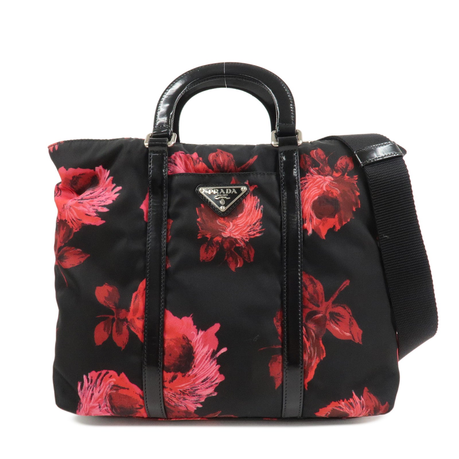 PRADA Triangle Logo Nylon Patent Leather 2Way Bag Flower BN1066 Used
