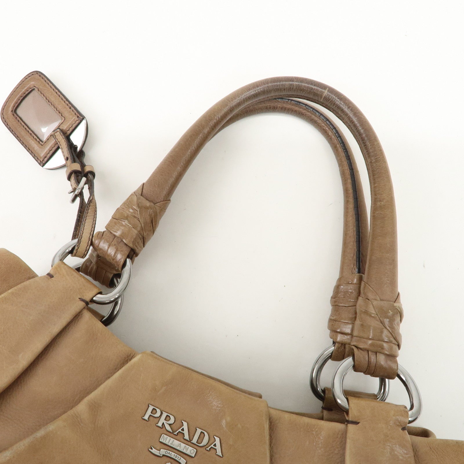 PRADA Logo Leather Tote Bag Shoulder Bag Silver HDW Black Beige