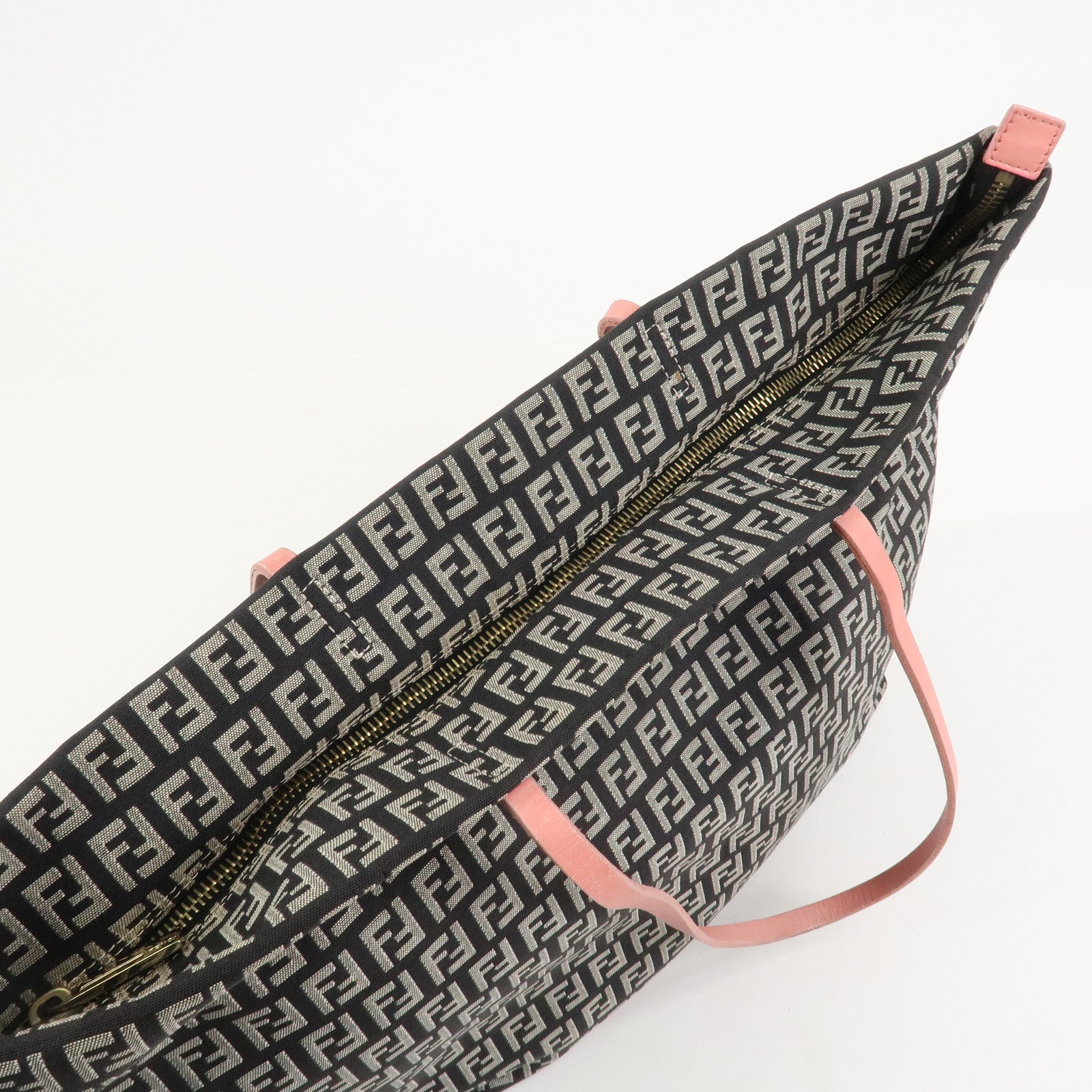 FENDI Zucchino Canvas Leather Tote Shoulder Bag Black Pink 8BH025