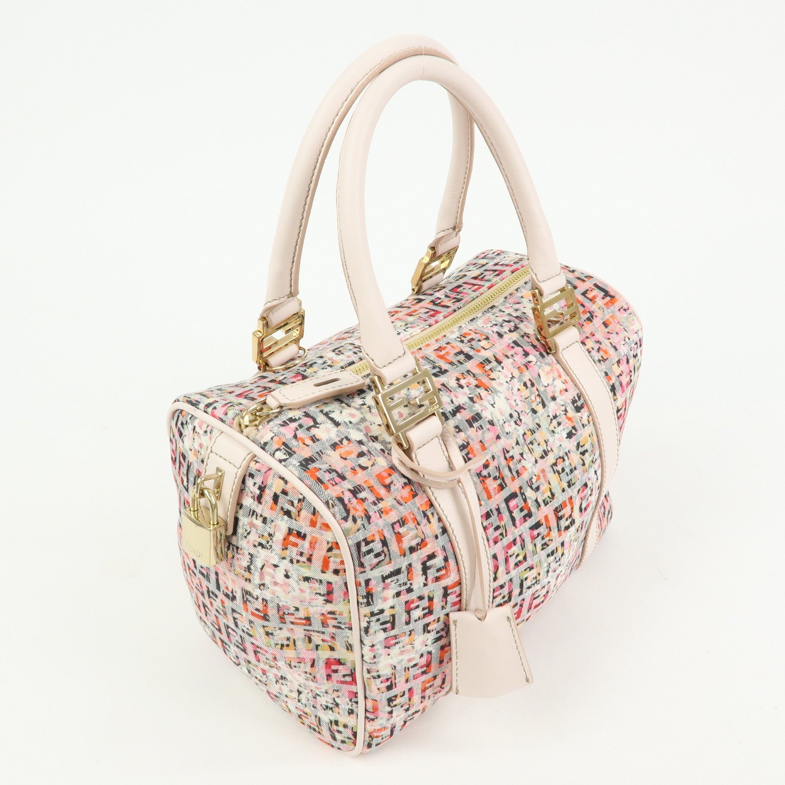 FENDI Zucchino Flower Print Canvas Leather Boston Bag Pink 8BL068