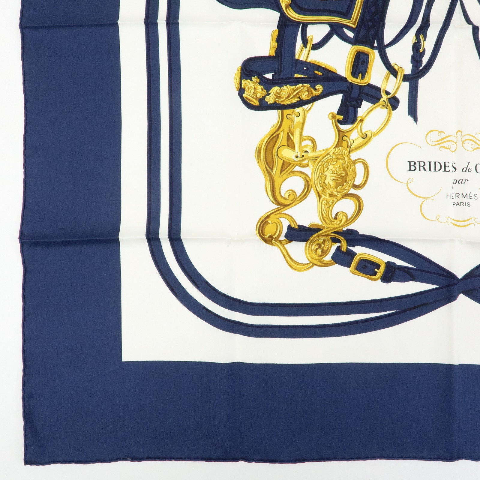 HERMES Carre 90 Silk 100% Scarf BRIDES DE GALA Navy Gold