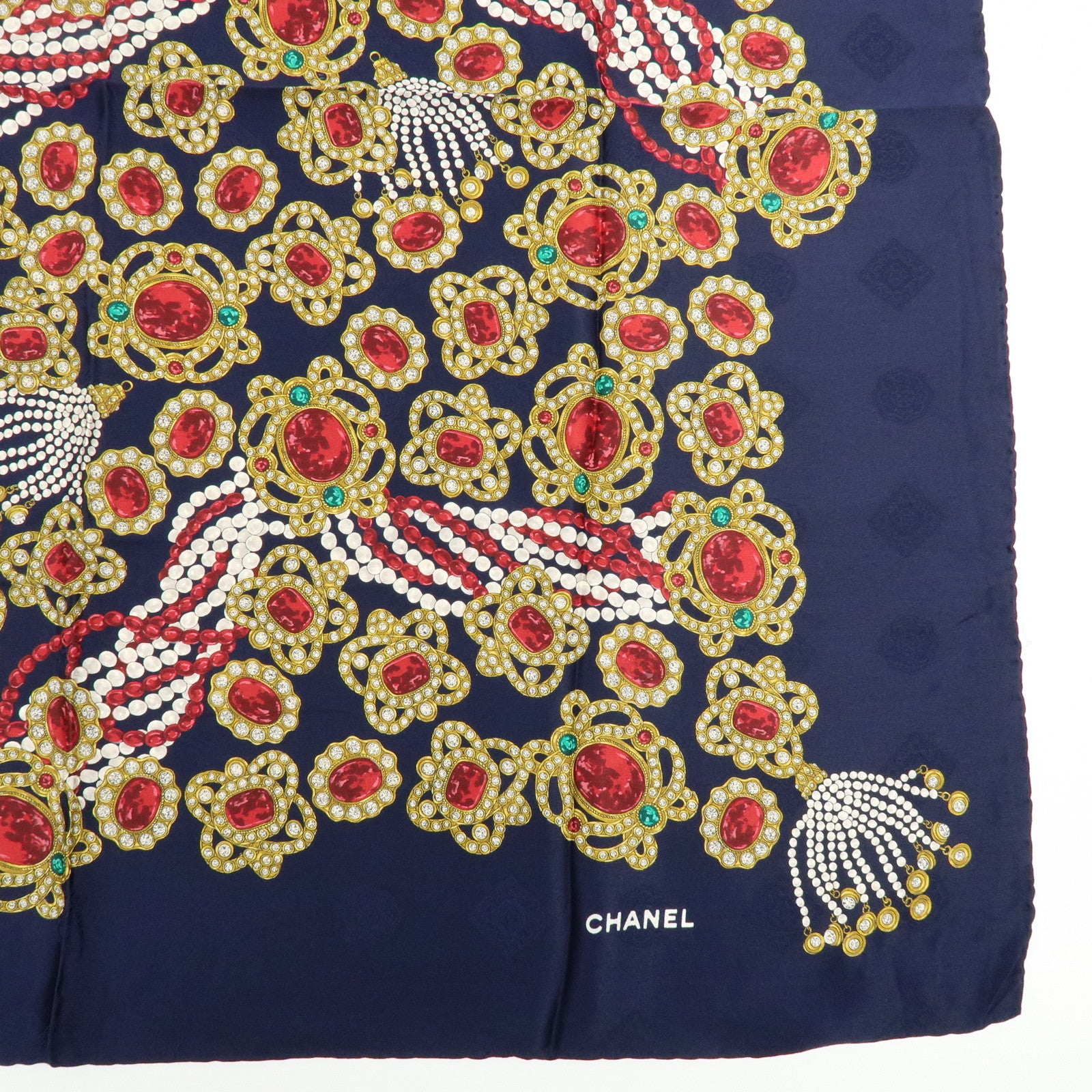 CHANEL Silk 100% Scarf Jewelry Motif Dark Navy Multicolor
