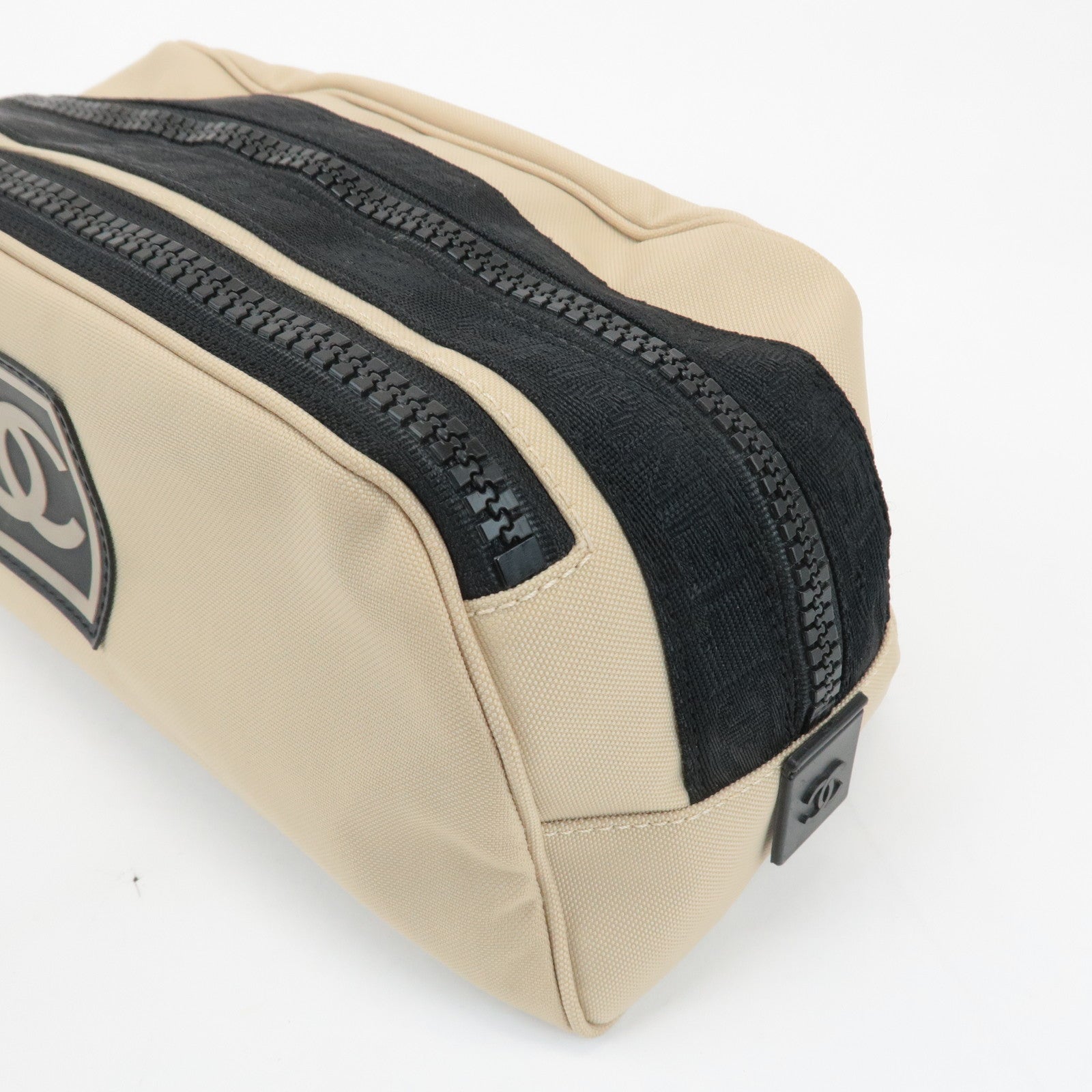 CHANEL Sports Line Nylon Leather Pouch Beige Black