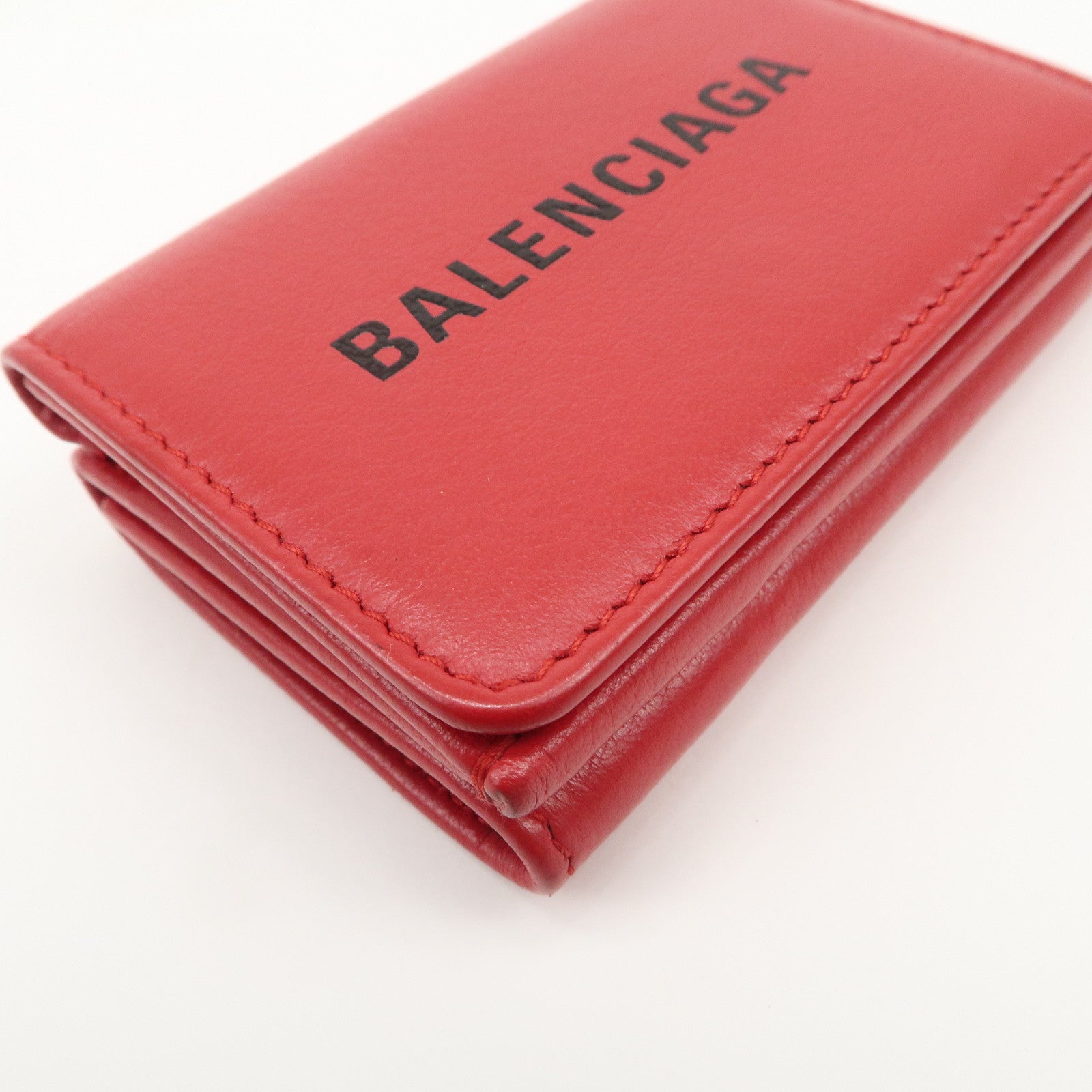 BALENCIAGA CASH Leather Mini Tri-fold Compact Wallet Red 593813