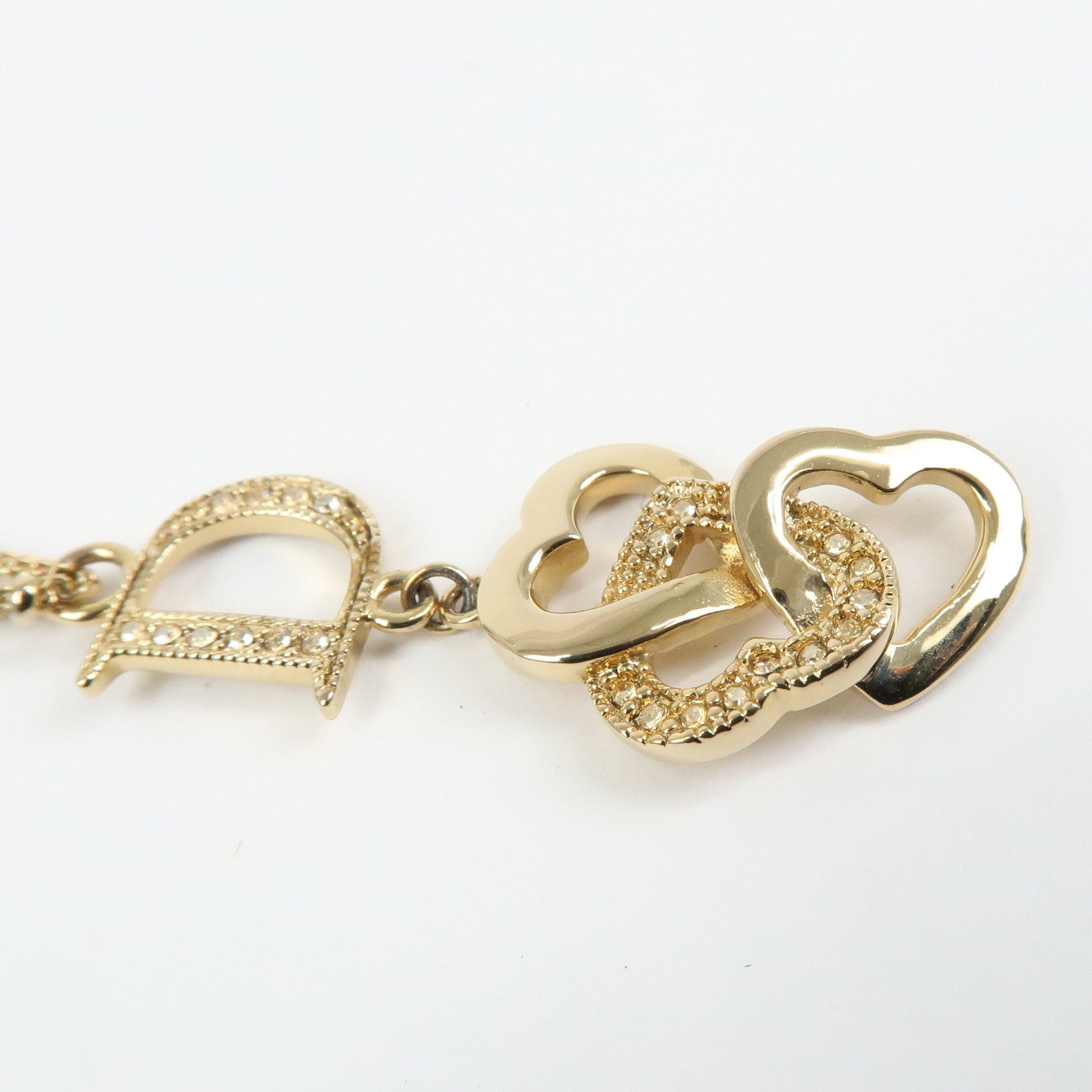Christian Dior Logo Metal Double Chain Necklace Heart Charm Gold