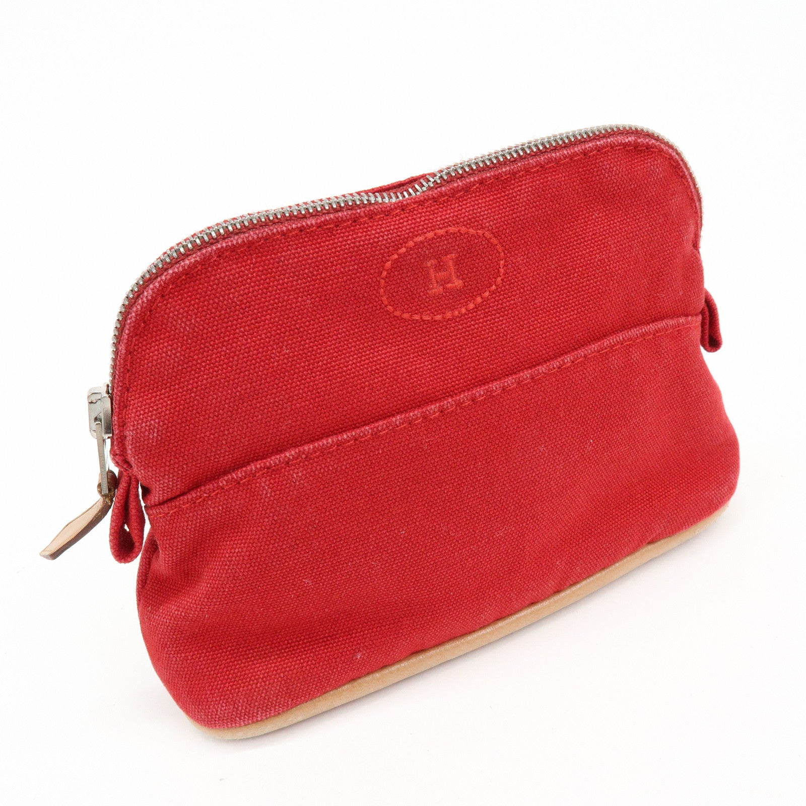 HERMES Bolide Set of 2 Canvas Leather Cosmetic Pouch Pink Red