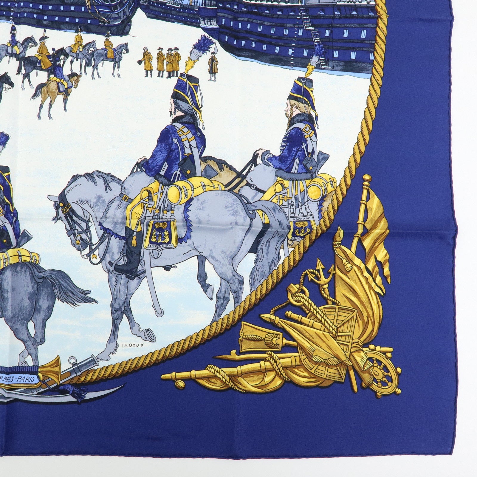 HERMES Carre 90 Silk 100% MARINE ET CAVALERIE Scarf