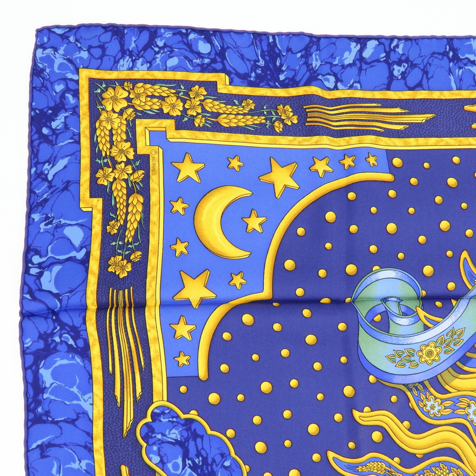 HERMES Carre 90 Silk 100% Scarf CARPE DIEM Blue Gold