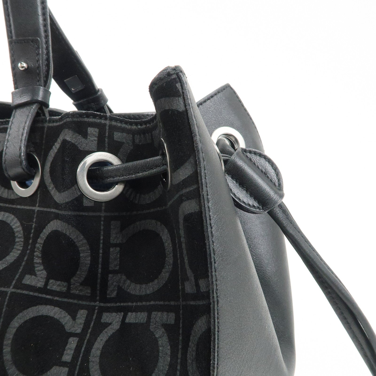 Ferragamo Gancini Leather Suede Shoulder Bag Hand Bag Black