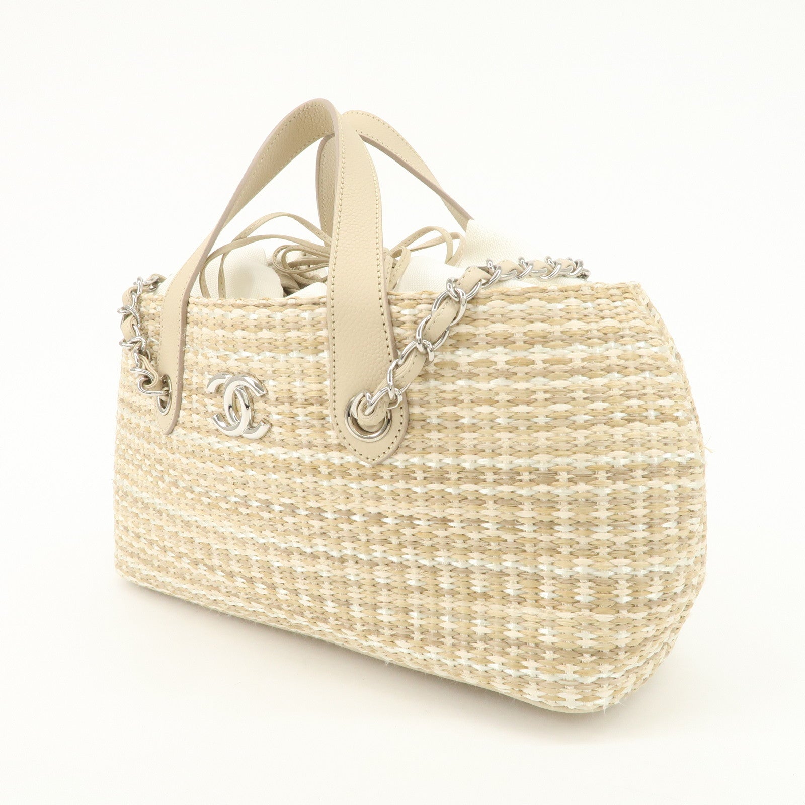 CHANEL Lether Raffia 2Way Bag Shoulder Bag Hand Bag Beige