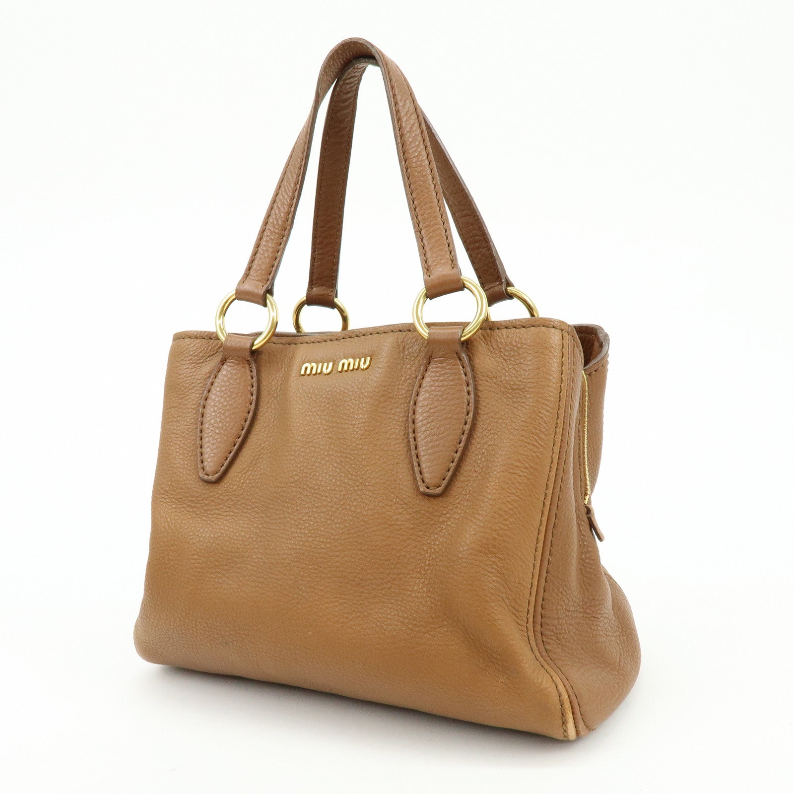 MIU MIU Leather Vitello Caribu 2Way Bag Hand Bag Brown RN0757