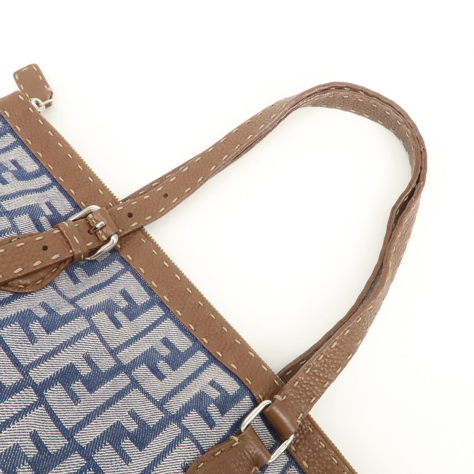 FENDI Zucca Seleria Denim Leather Tote Bag Hand Bag Blue 8BH179