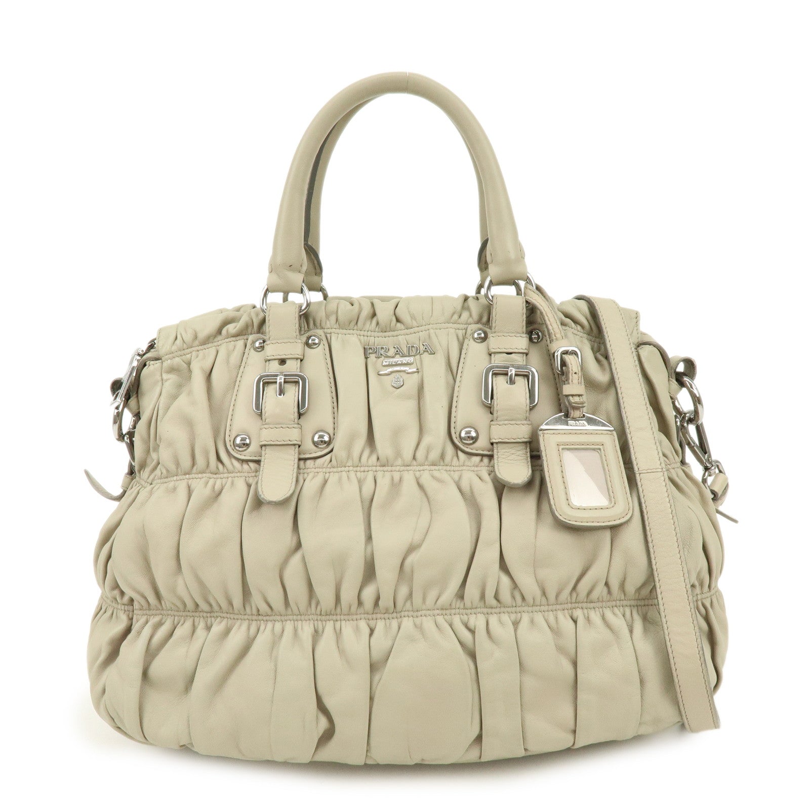 PRADA Leather 2Way Bag Hand Bag Shoulder Bag Beige