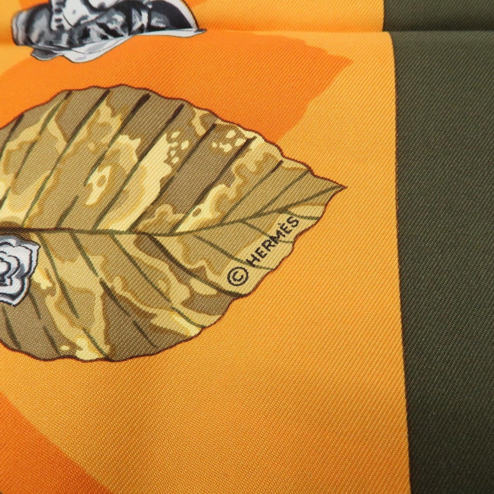 HERMES Carre90 Silk 100% Scarf AU PLUS DRU Khaki Orange Used