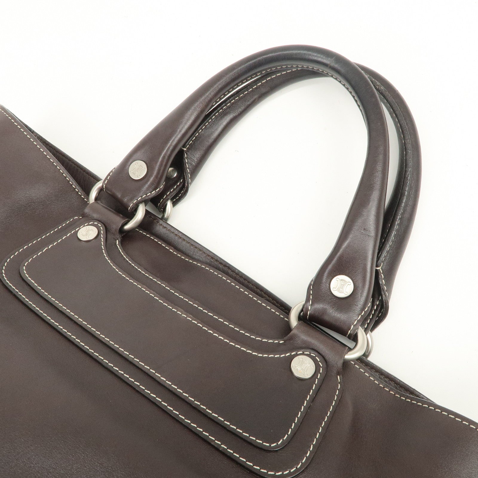CELINE Macadam Logo Leather Tote Bag Hand Bag Dark Brown