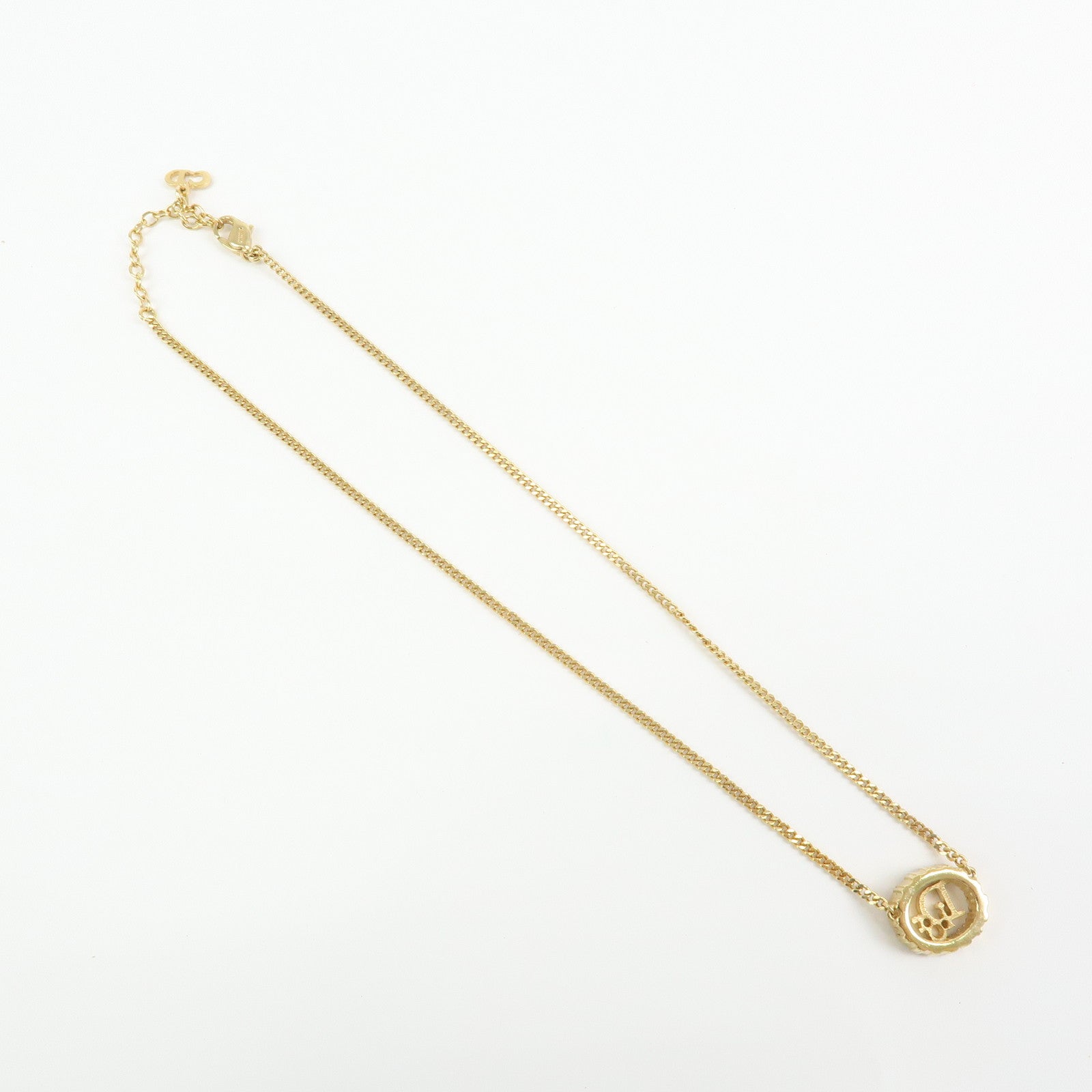 Christian Dior Logo Pendant Metal Rhinestone Necklace Gold