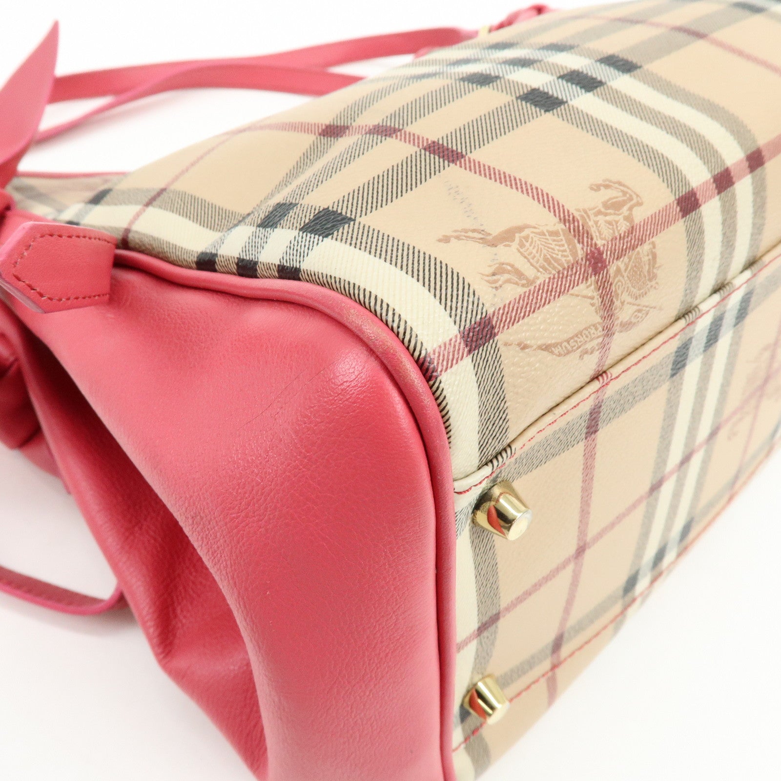 BURBERRY Side Ribbon PVC Leather Hand Bag Nova Plaid Brown Pink