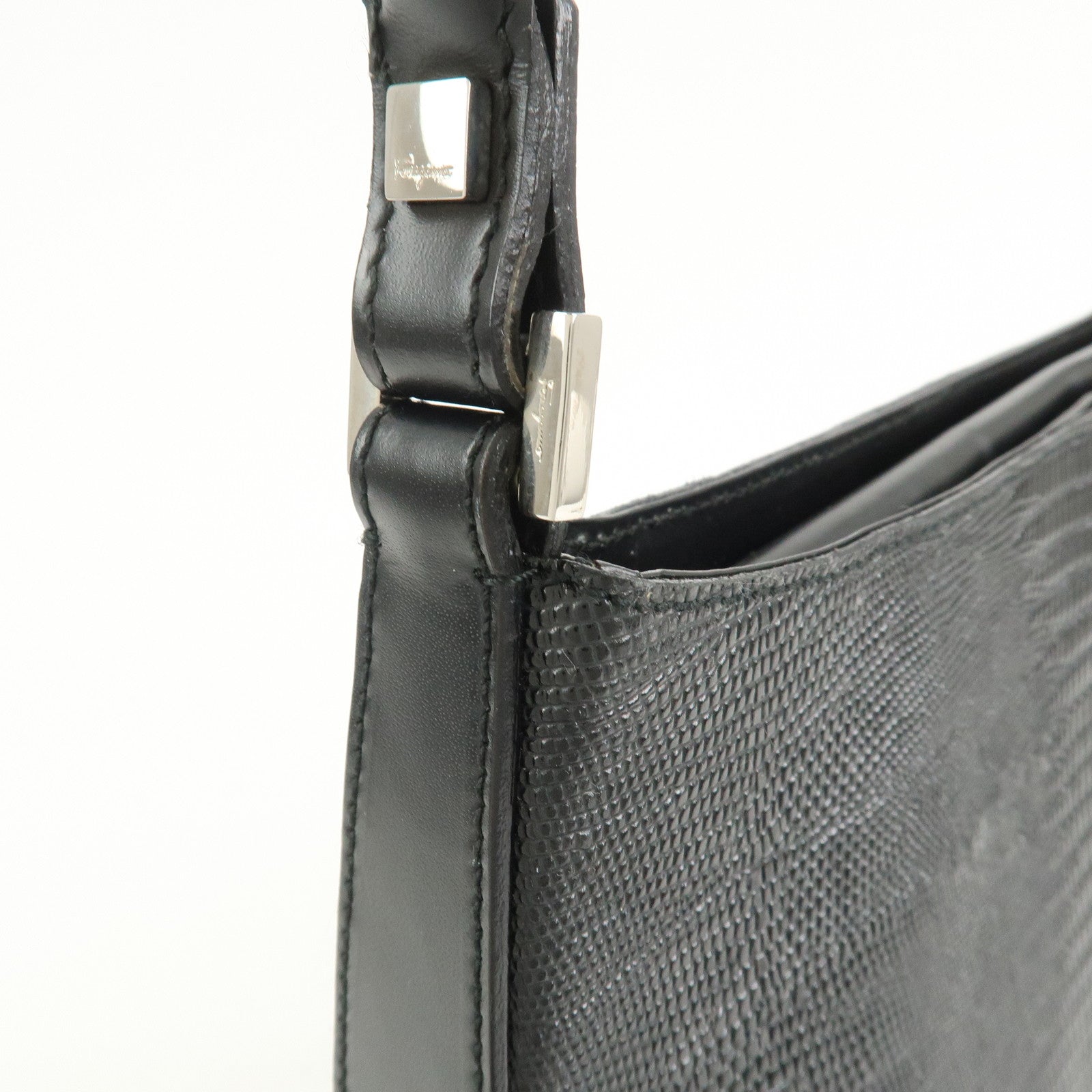 Ferragamo Embossed Leather Shoulder Bag Hand Bag Black
