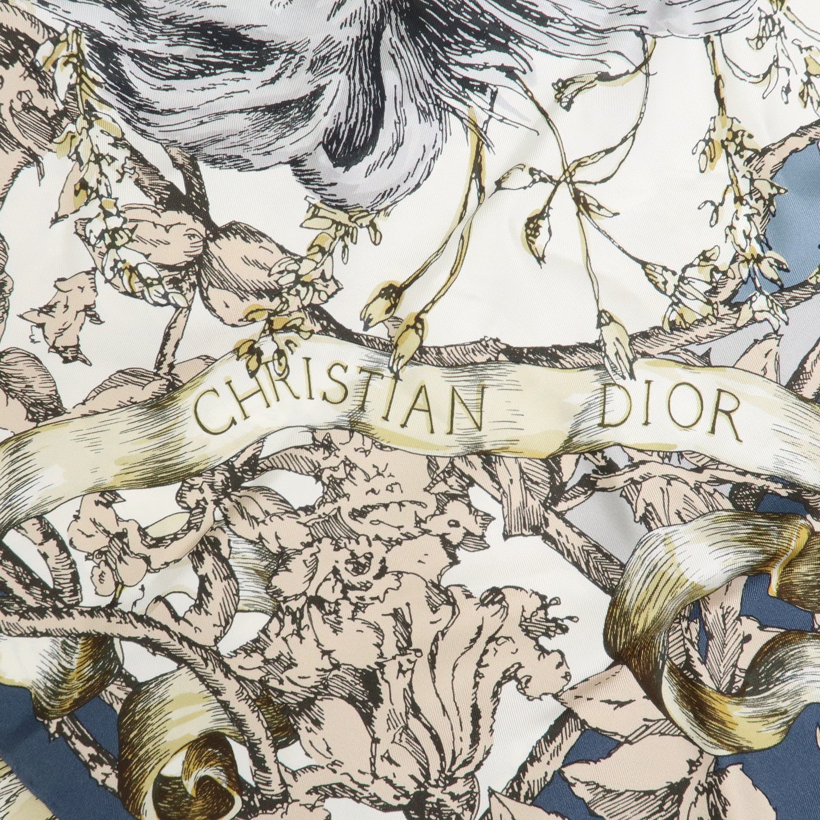 Christian Dior Logo Silk 100% Lion Flowers Scarf White Navy