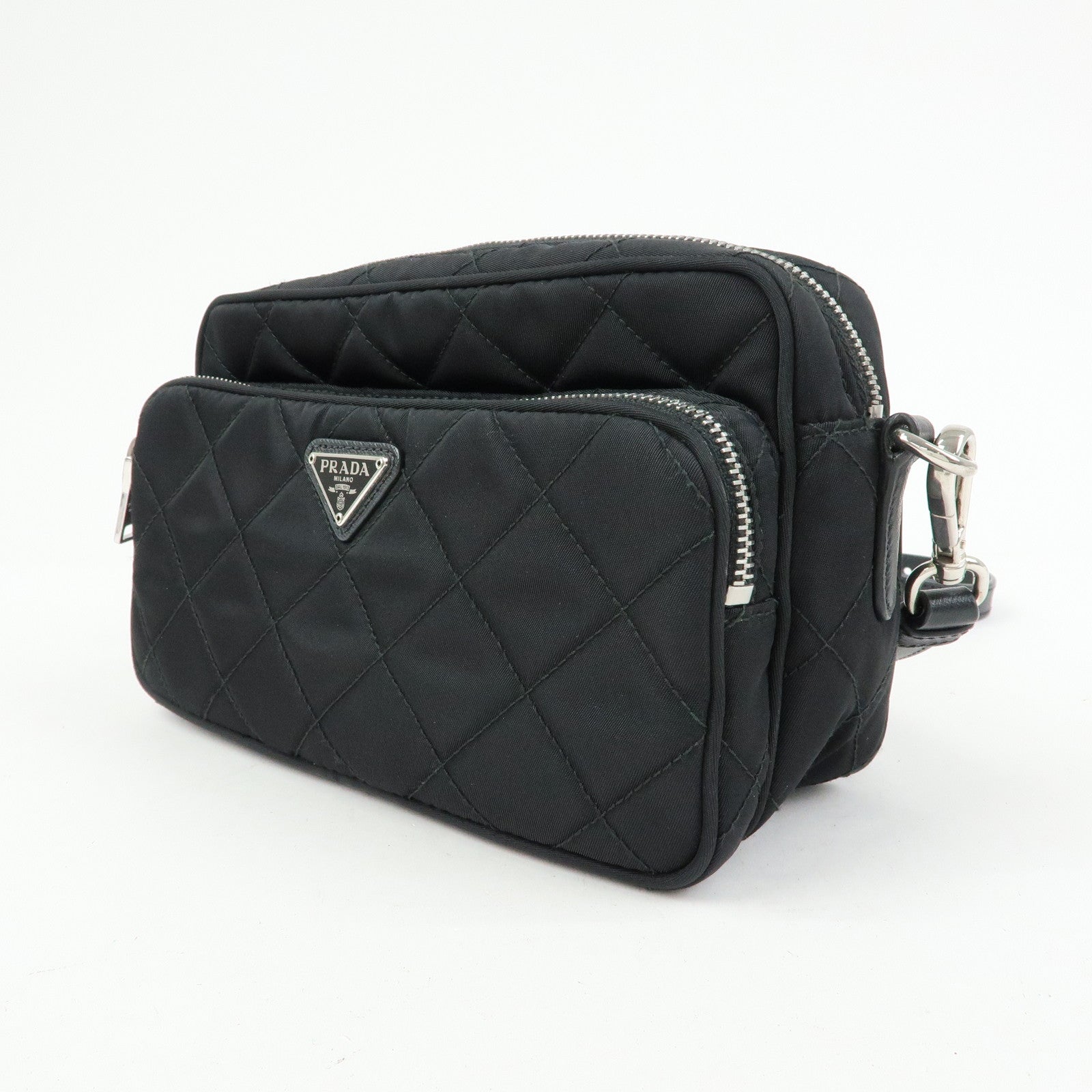 PRADA Triangle Logo Nylon Leather Quilt Shoulder Bag Black BT1027