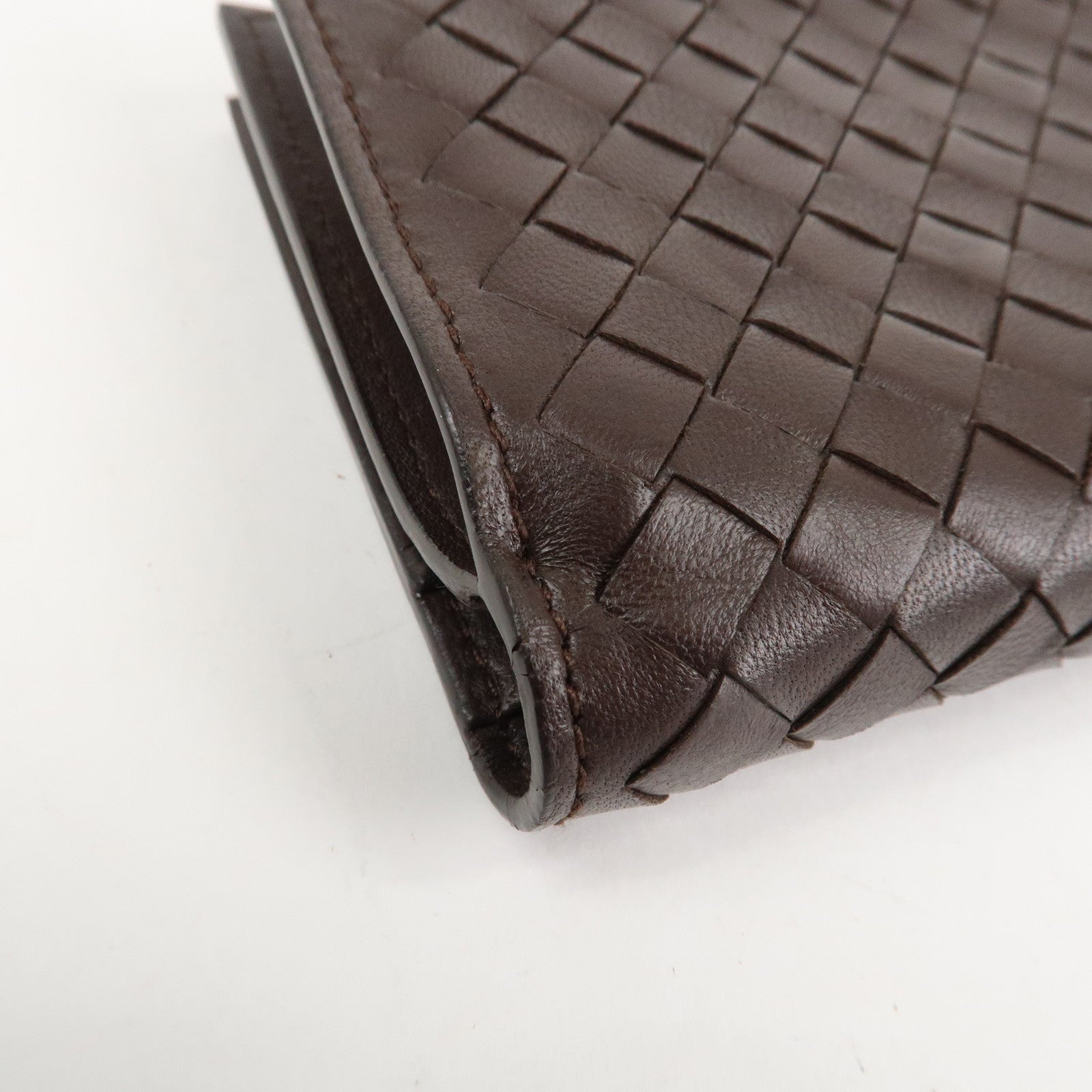 BOTTEGA VENETA Intrecciato Leather Bi-Fold Wallet Dark Brown 121060 Used