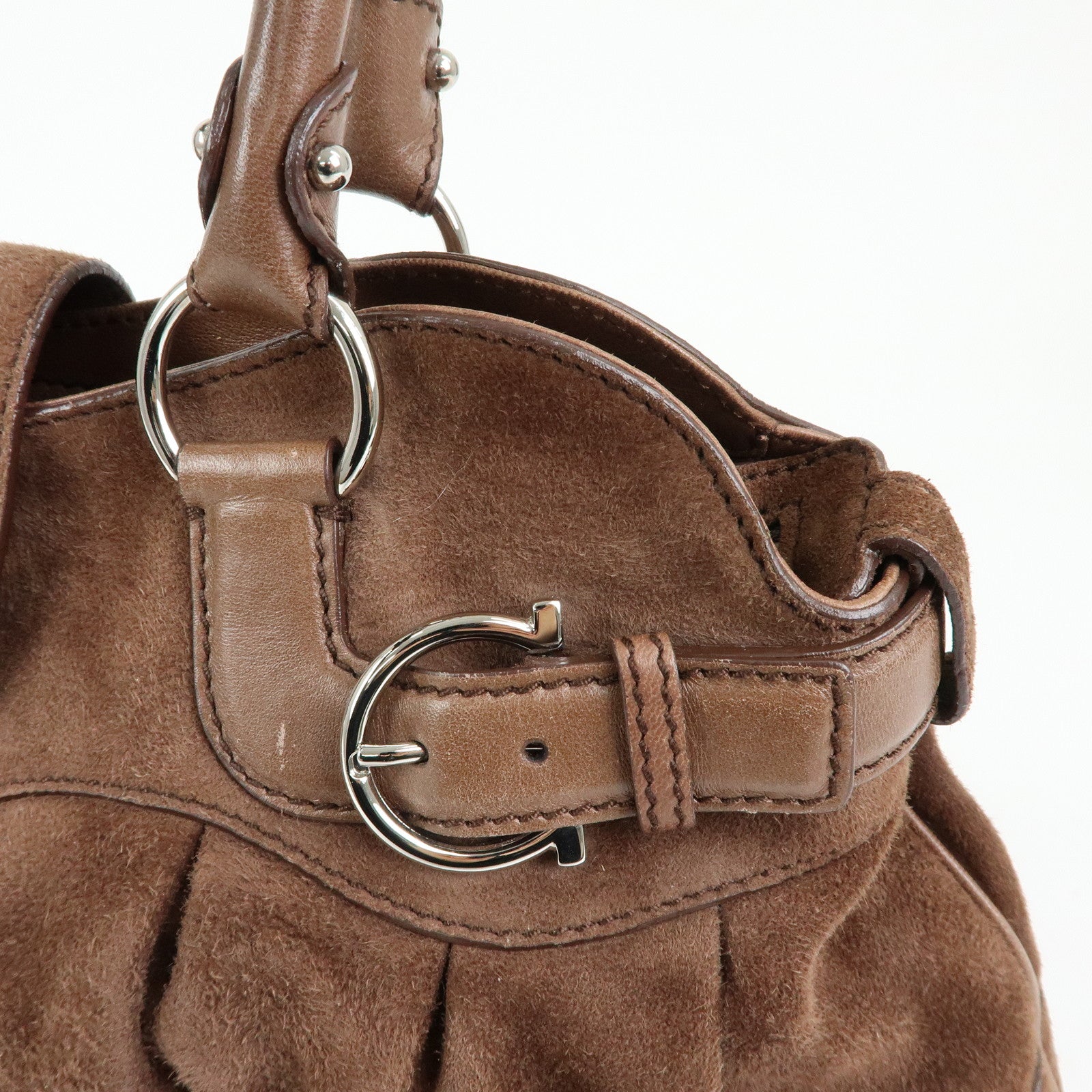 Ferragamo Gancini Suede Leather Shoulder Bag Hand Bag Brown