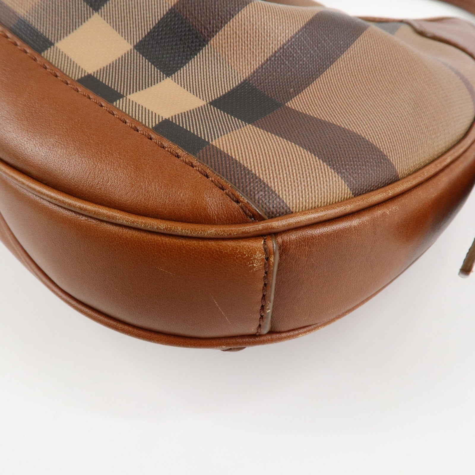 BURBERRY Nova Plaid PVC Leather Shoulder Bag Hand Bag Brown Used