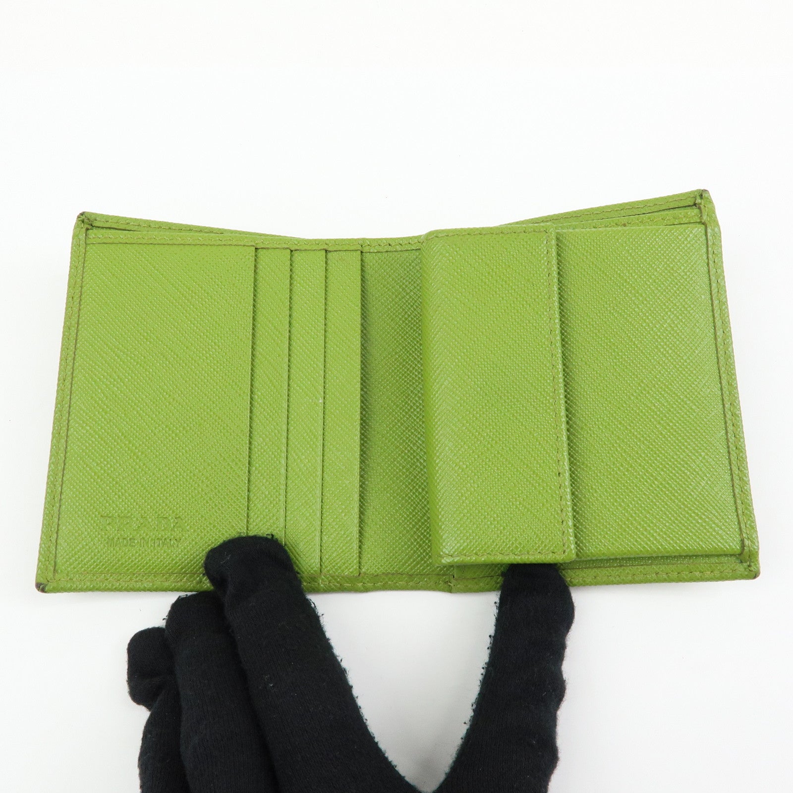 PRADA Triangle Logo Saffiano Leather Compact Wallet Light Green