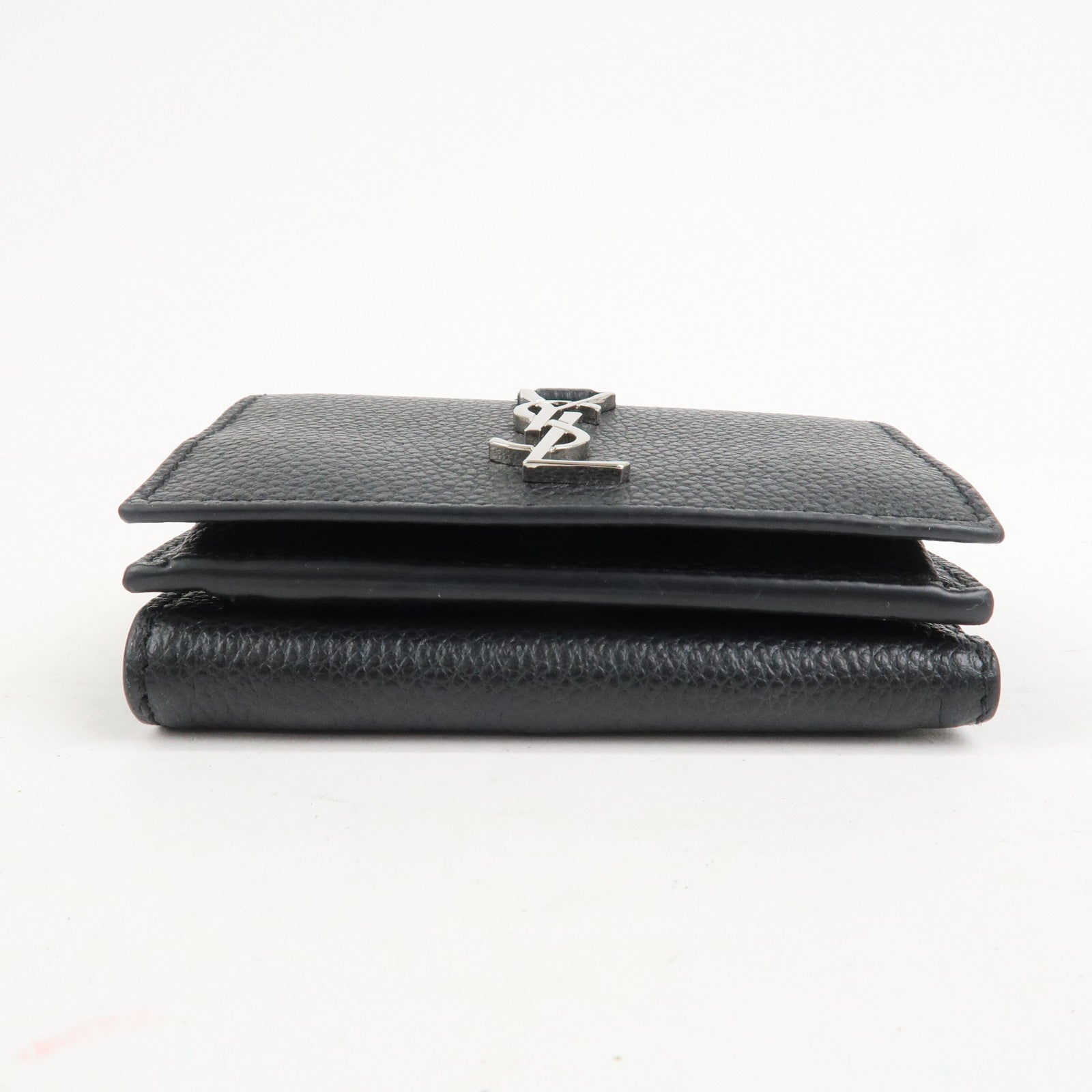 SAINT LAURENT Leather Tri-fold Compact Wallet Black Silver HDW