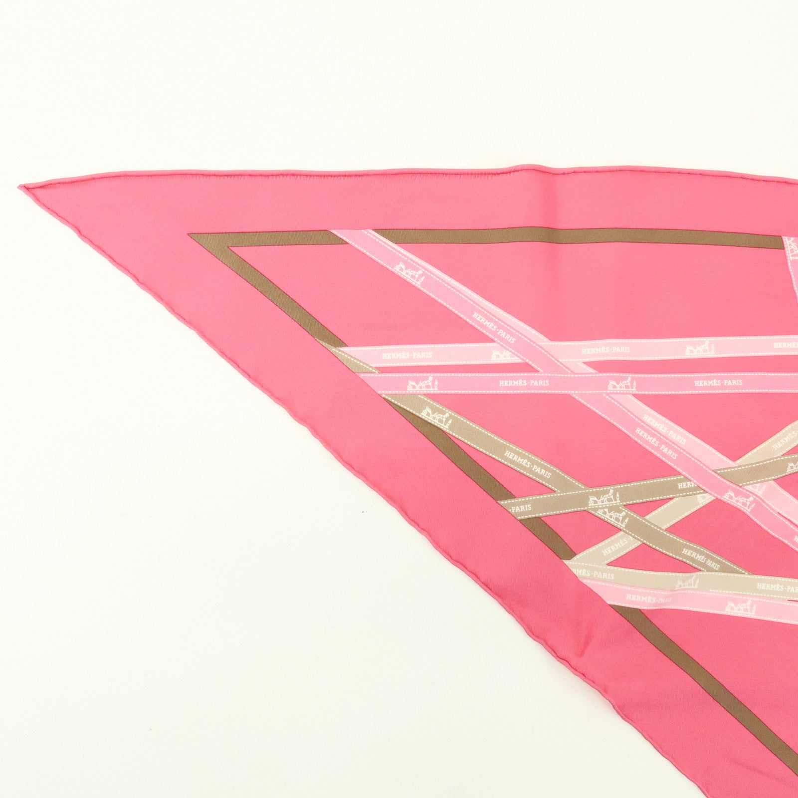 HERMES Pointu Silk 100% Scarf Ribbon Print Pink Beige