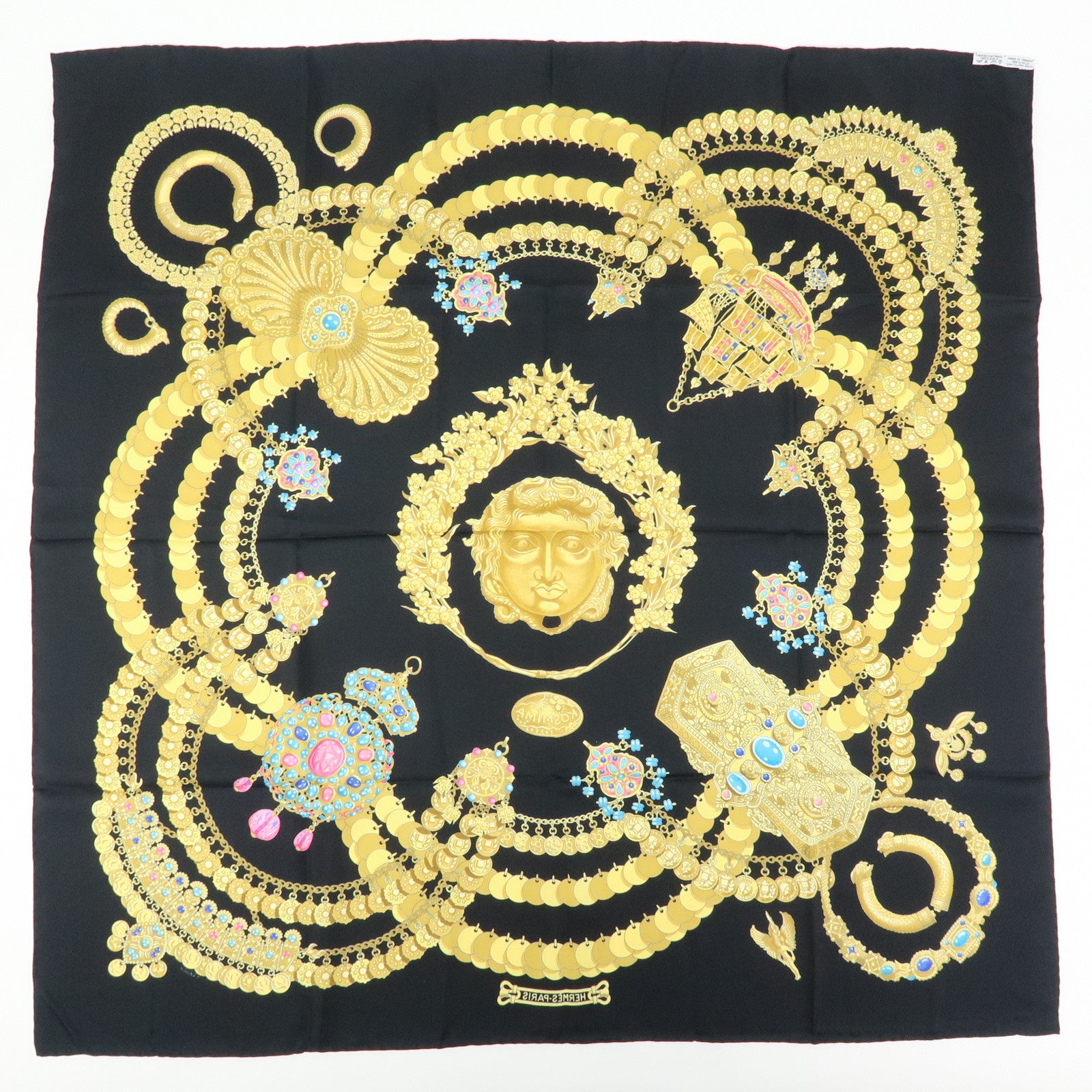 HERMES Carre 90 Silk 100 % Scarf  KOSMIMA Black Yellow