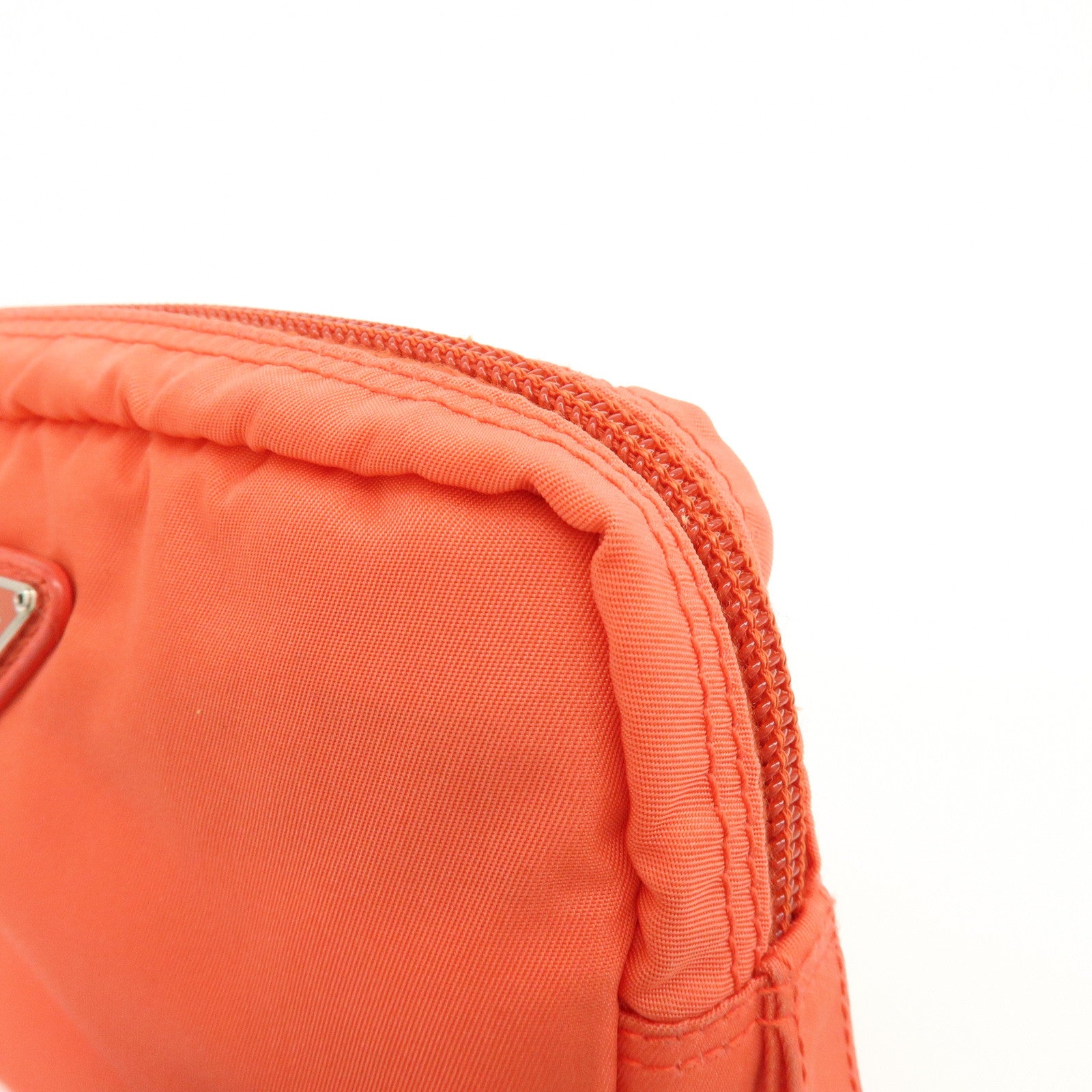 PRADA Triangel Logo Nylon Leather Pouch Cosmetic Case Coral