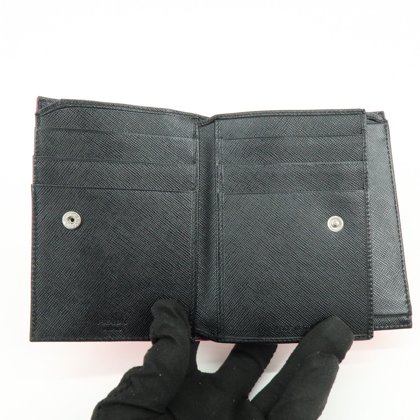 PRADA Triangle Logo Nylon Saffiano Leather Compact Wallet Pink M668
