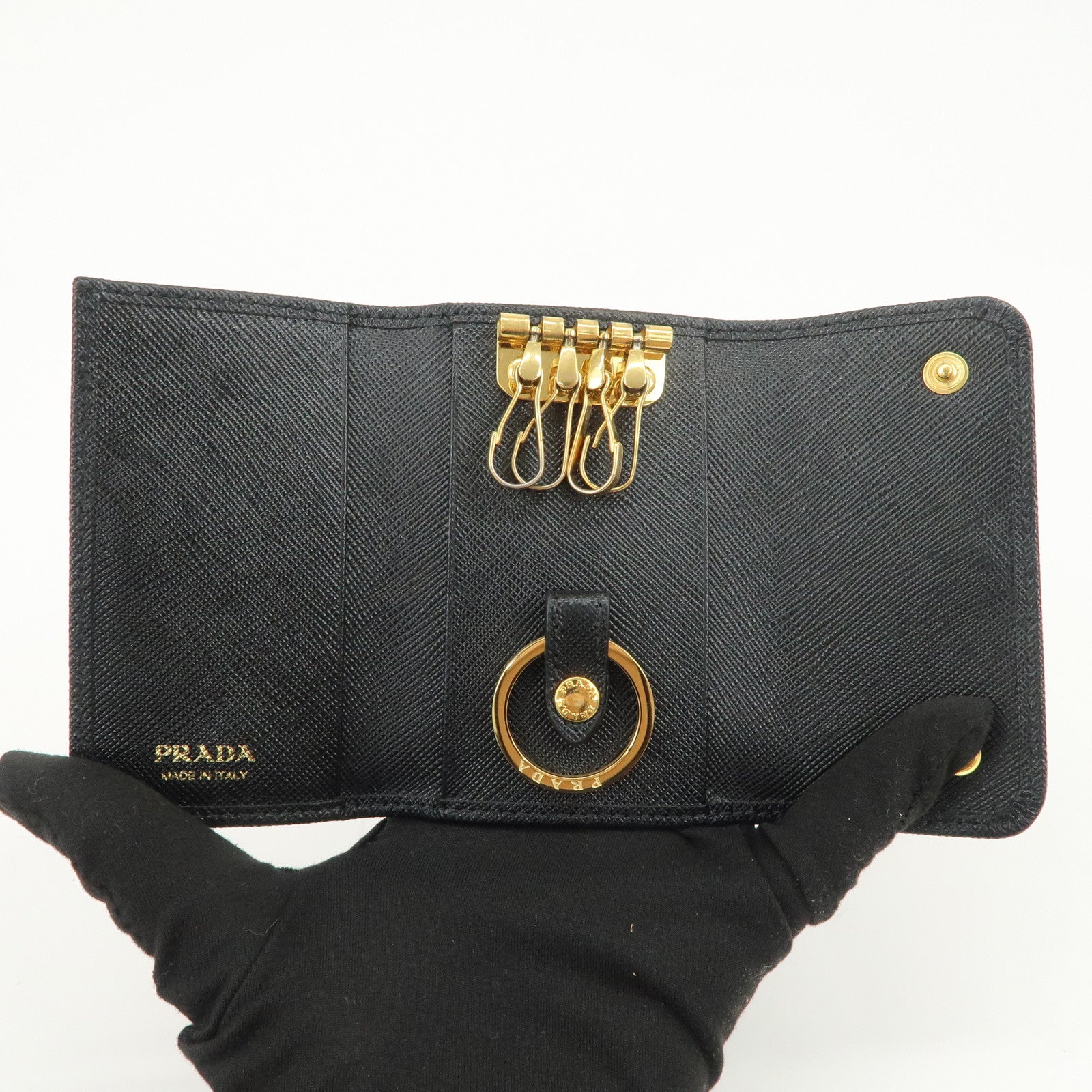 PRADA Logo Saffiano Leather 4 Rings Key Case Black 1PG004