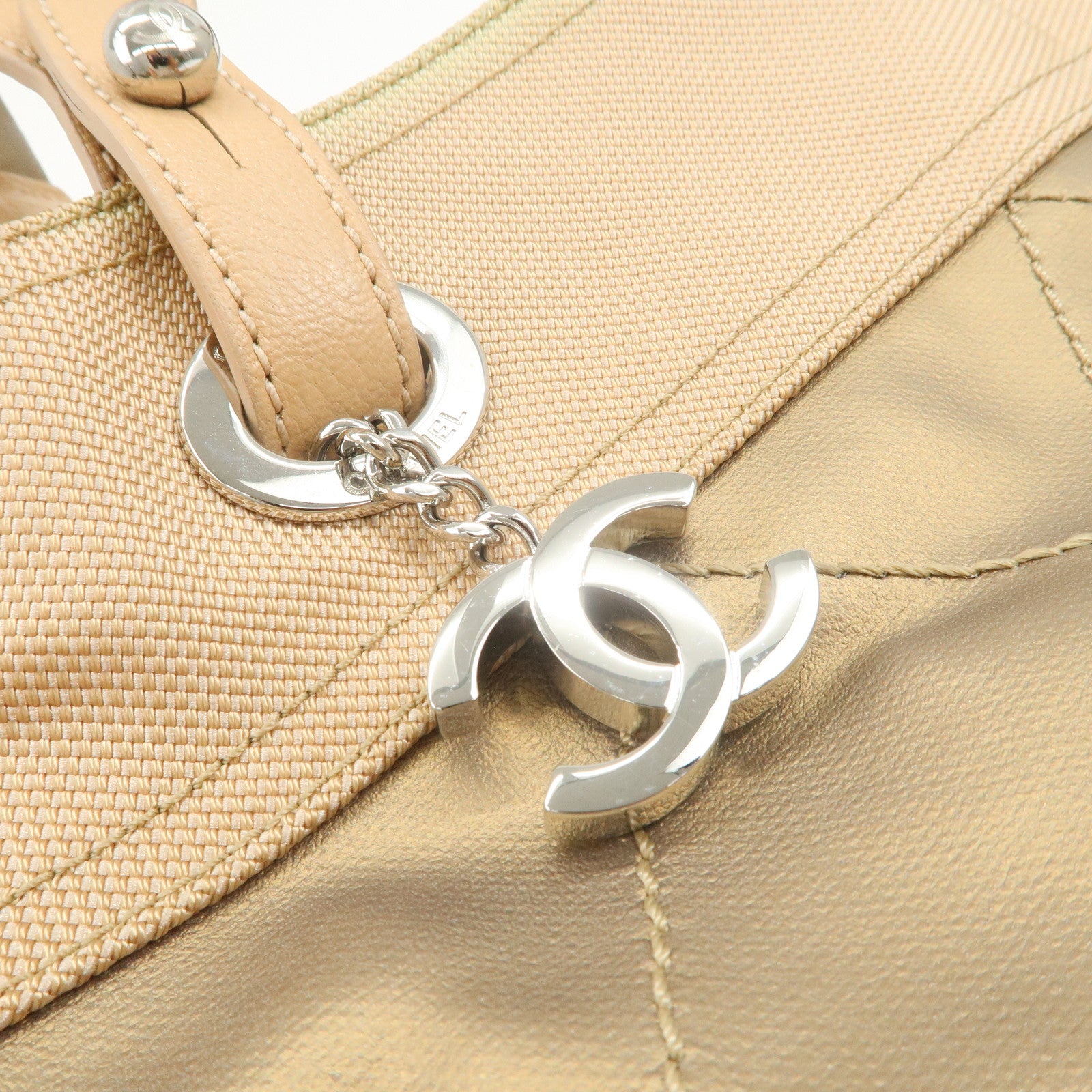 CHANEL Paris Biarritz MM PVC Canvas Tote Bag Hand Bag Beige A34209