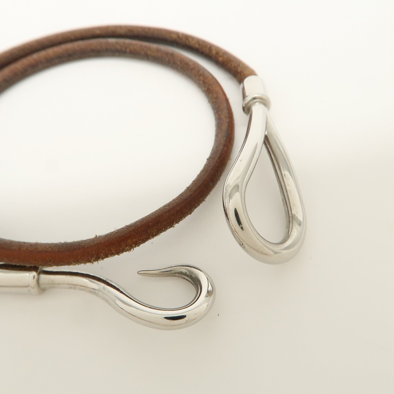 HERMES Leather Metal Jumbo Choker Bracelet Brown Silver