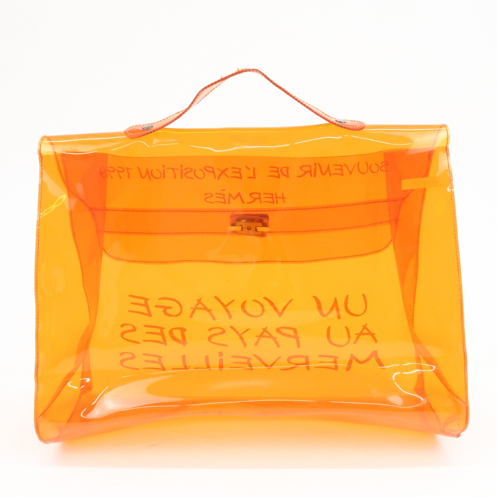 HERMES Kelly Vinyl Hand Bag Clear Orange