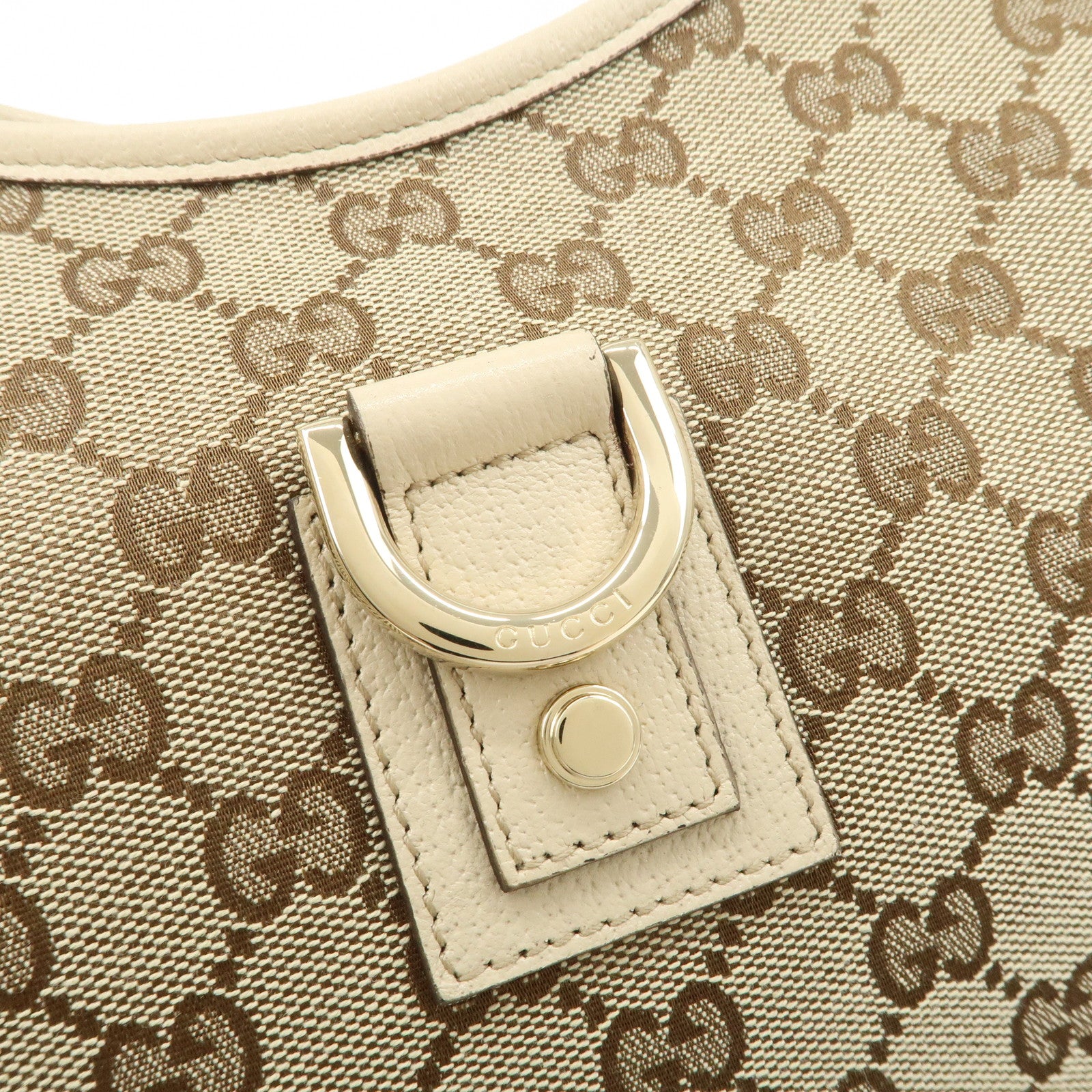 GUCCI Abbey Leather GG Canvas Shoulder Bag Beige Ivory 130737