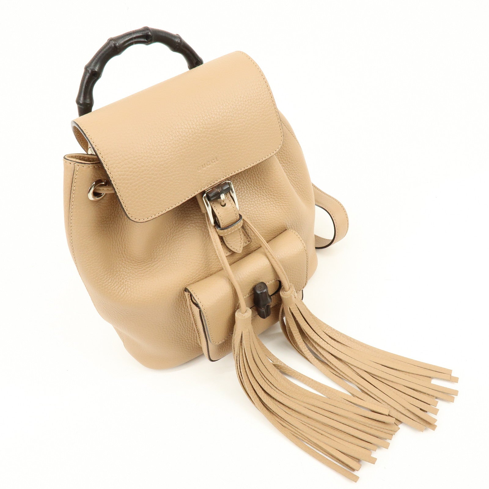 GUCCI Bamboo Tassel Leather Backpack Rucksack Beige 387149
