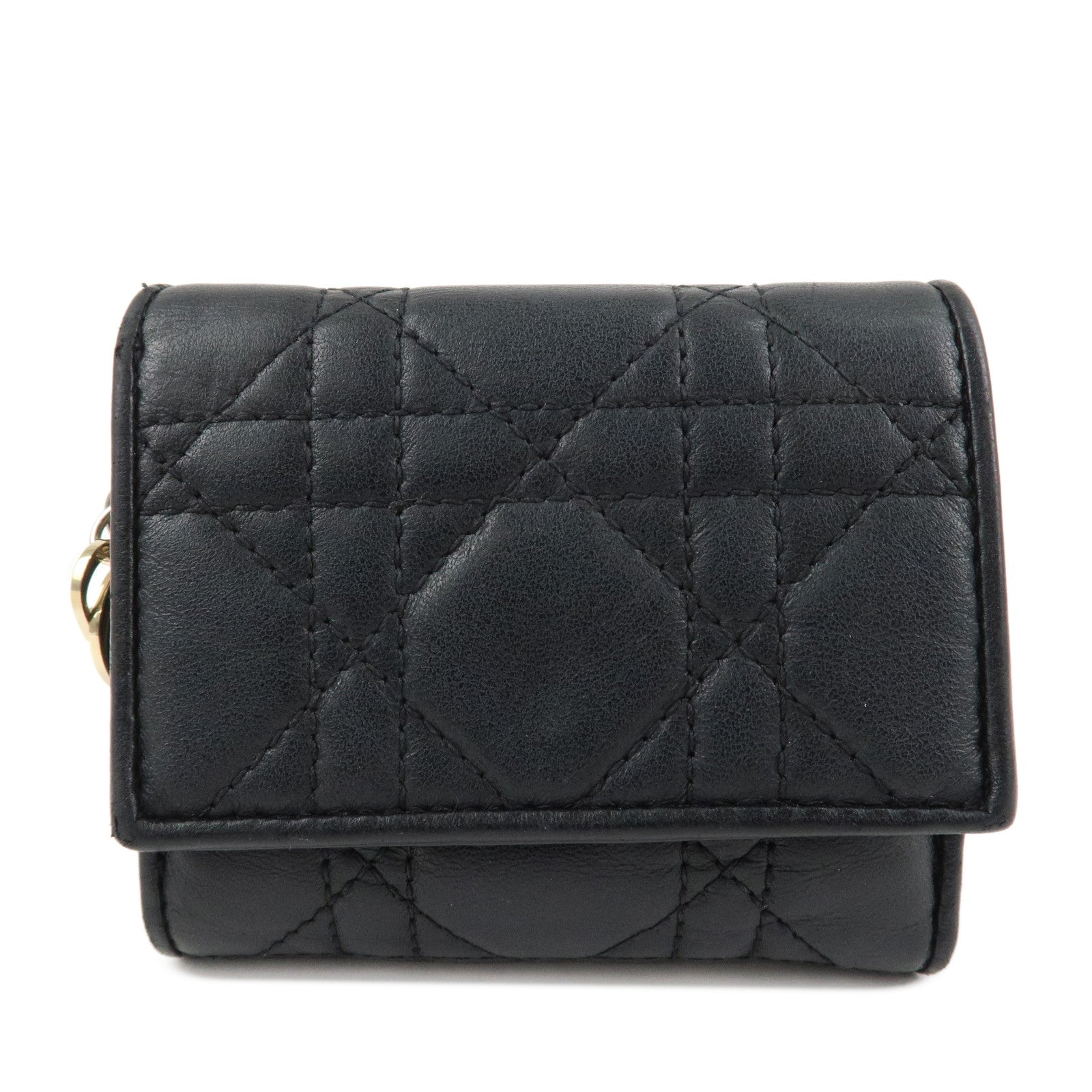 Christian Dior Cannage Leather Tri-fold Wallet Black Used